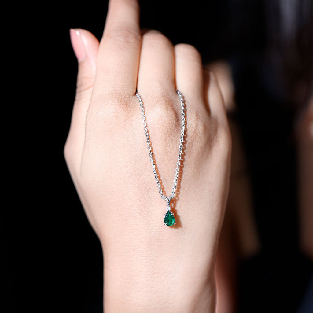 Certified 0.7 Carat Lab Grown Emerald Teardrop Necklace with Silver Chain