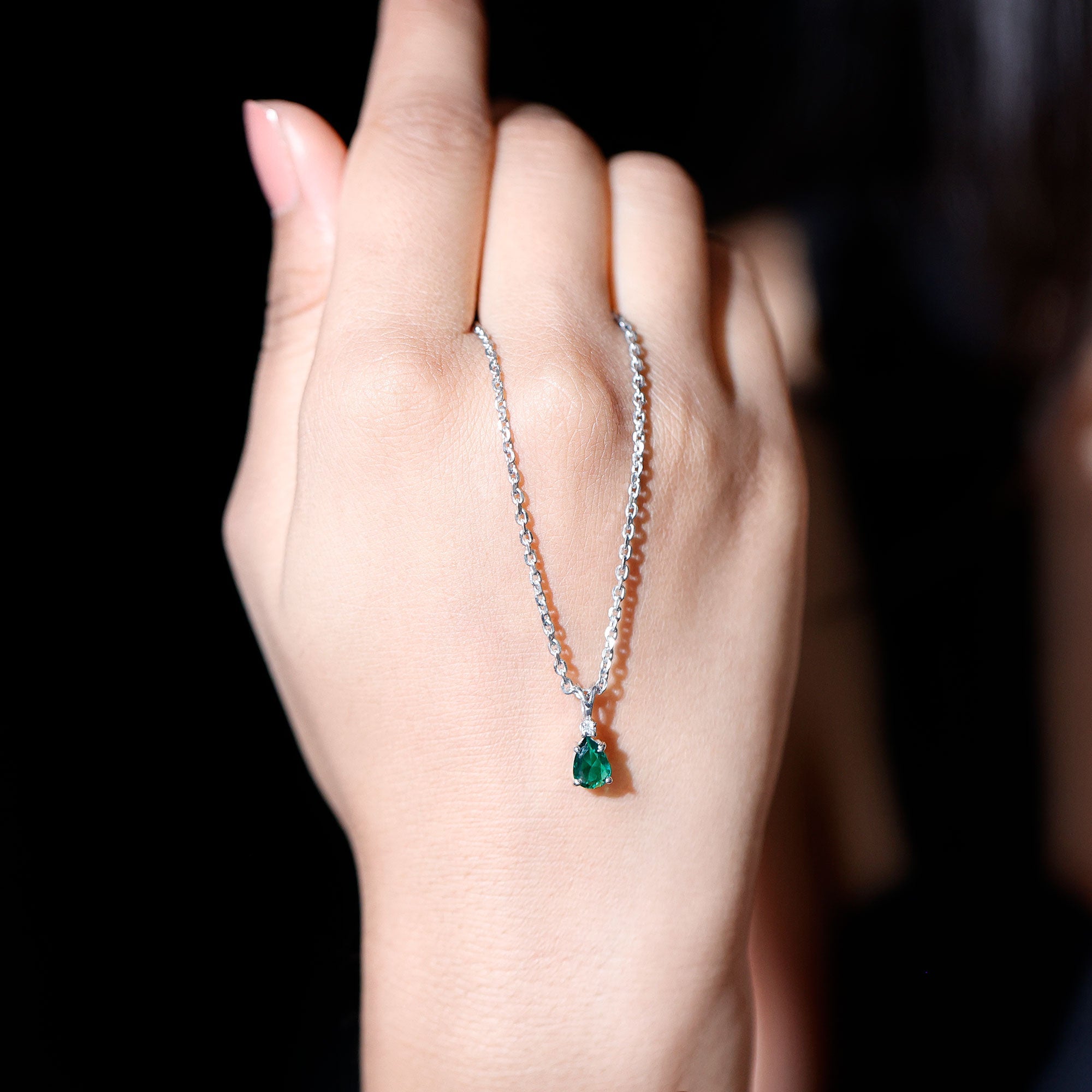 Certified 0.7 Carat Lab Grown Emerald Teardrop Necklace with Silver Chain