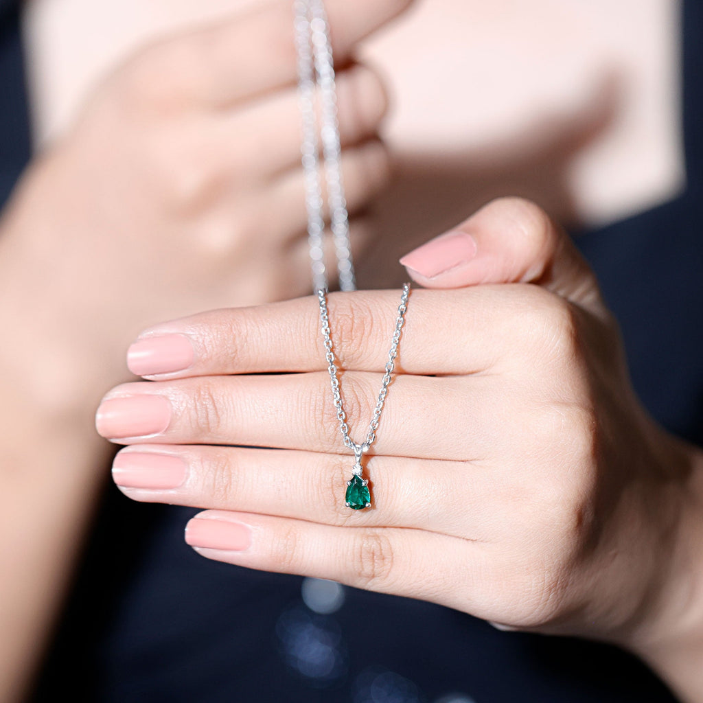Certified 0.7 Carat Lab Grown Emerald Teardrop Necklace with Silver Chain
