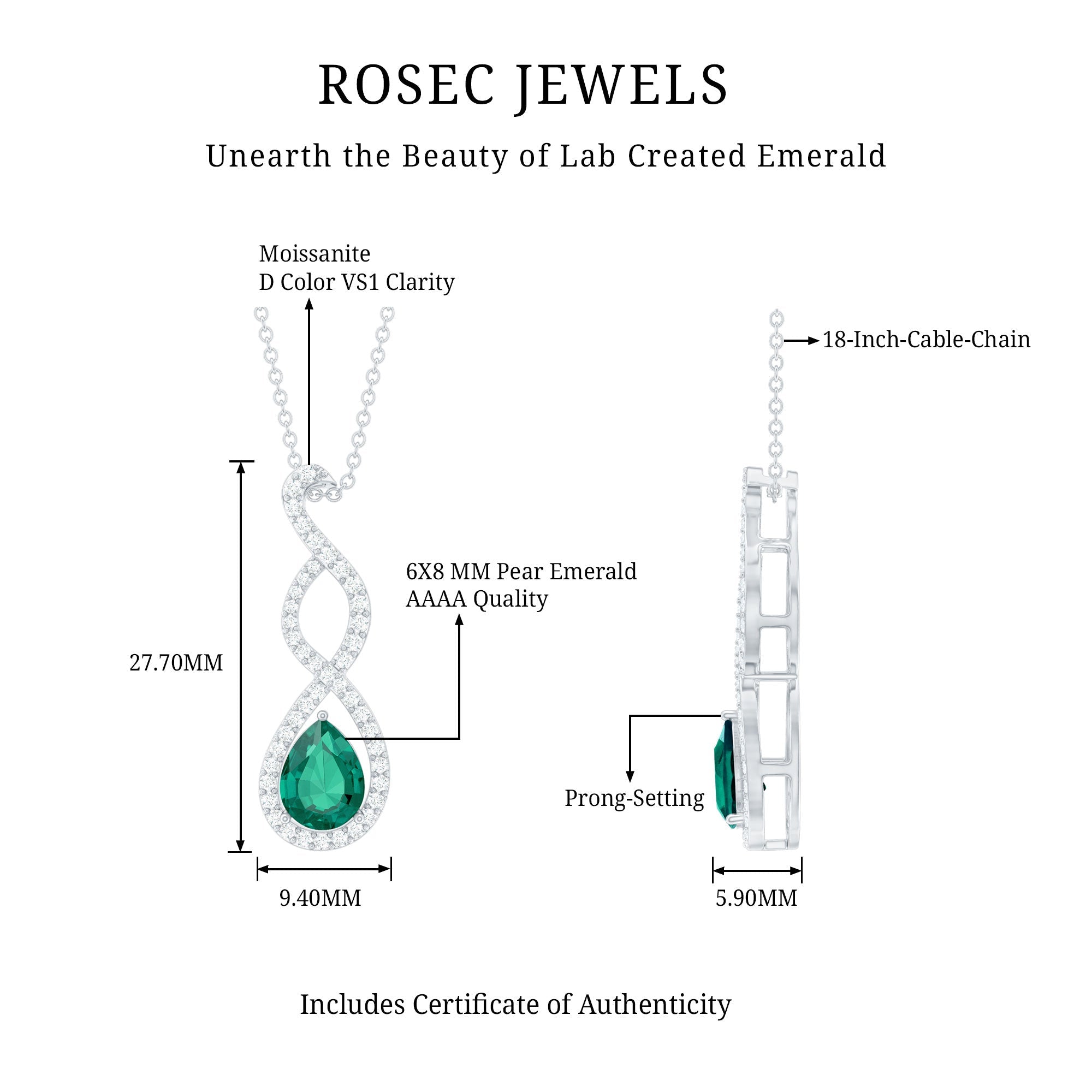 Womens Lab Grown Emerald Infinity Necklace with Silver Chain