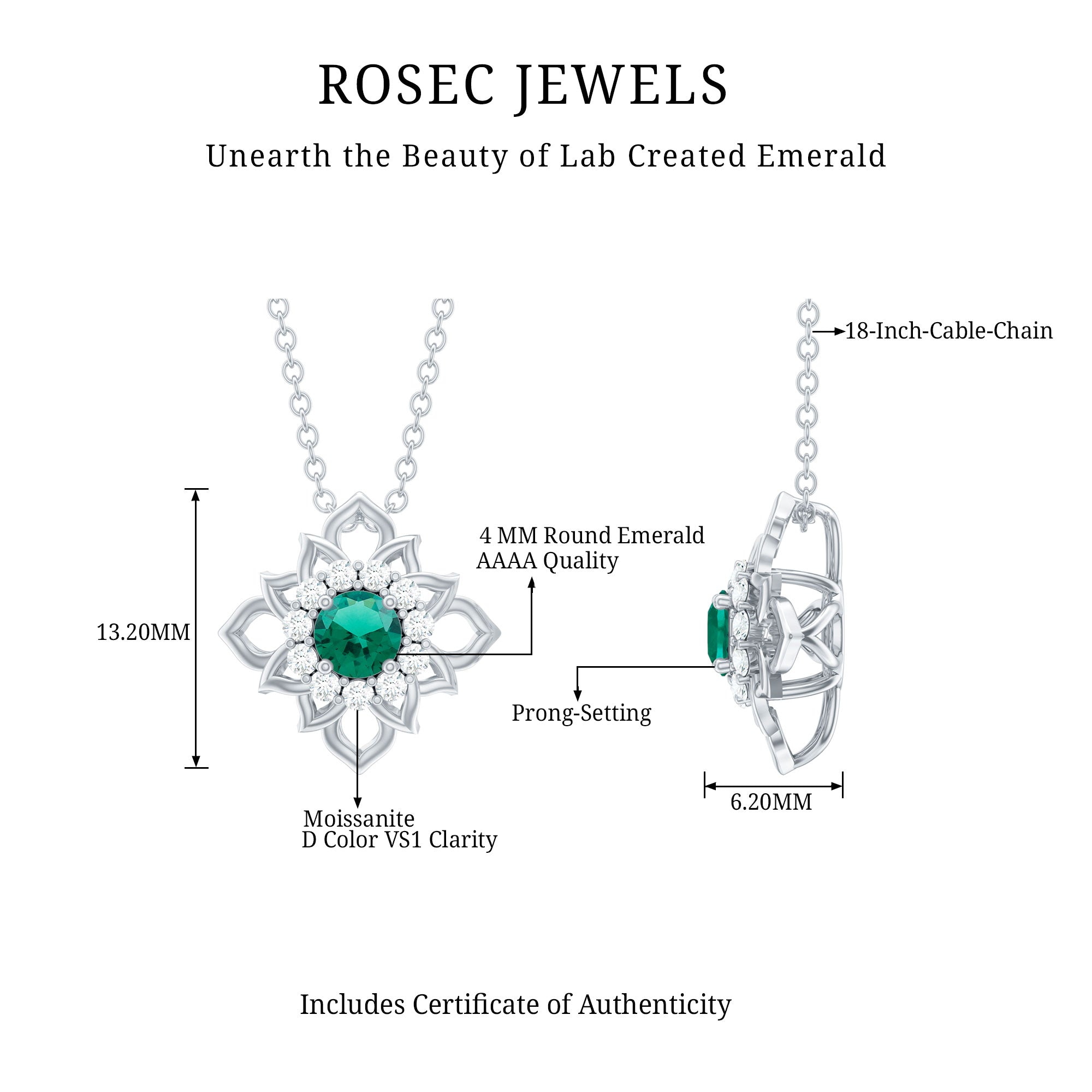 Sterling Silver Emerald Flower Necklace with Chain