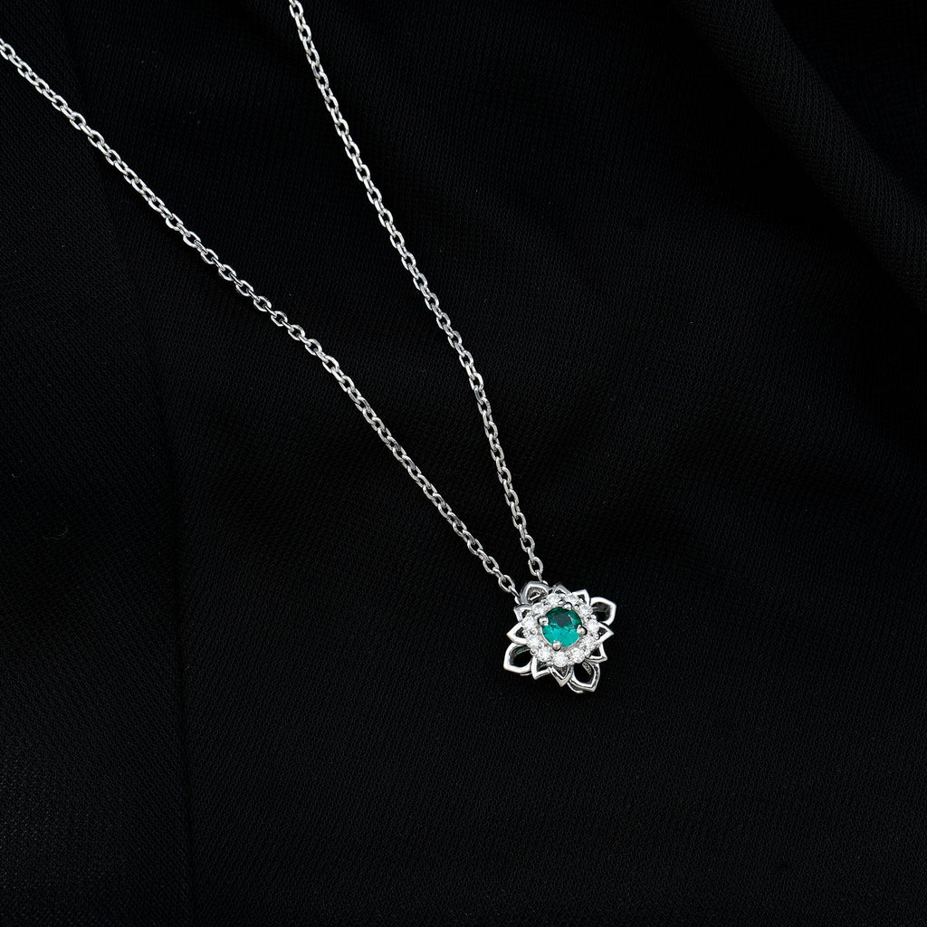 Sterling Silver Emerald Flower Necklace with Chain