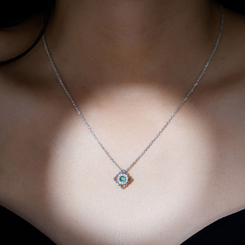 Sterling Silver Emerald Flower Necklace with Chain