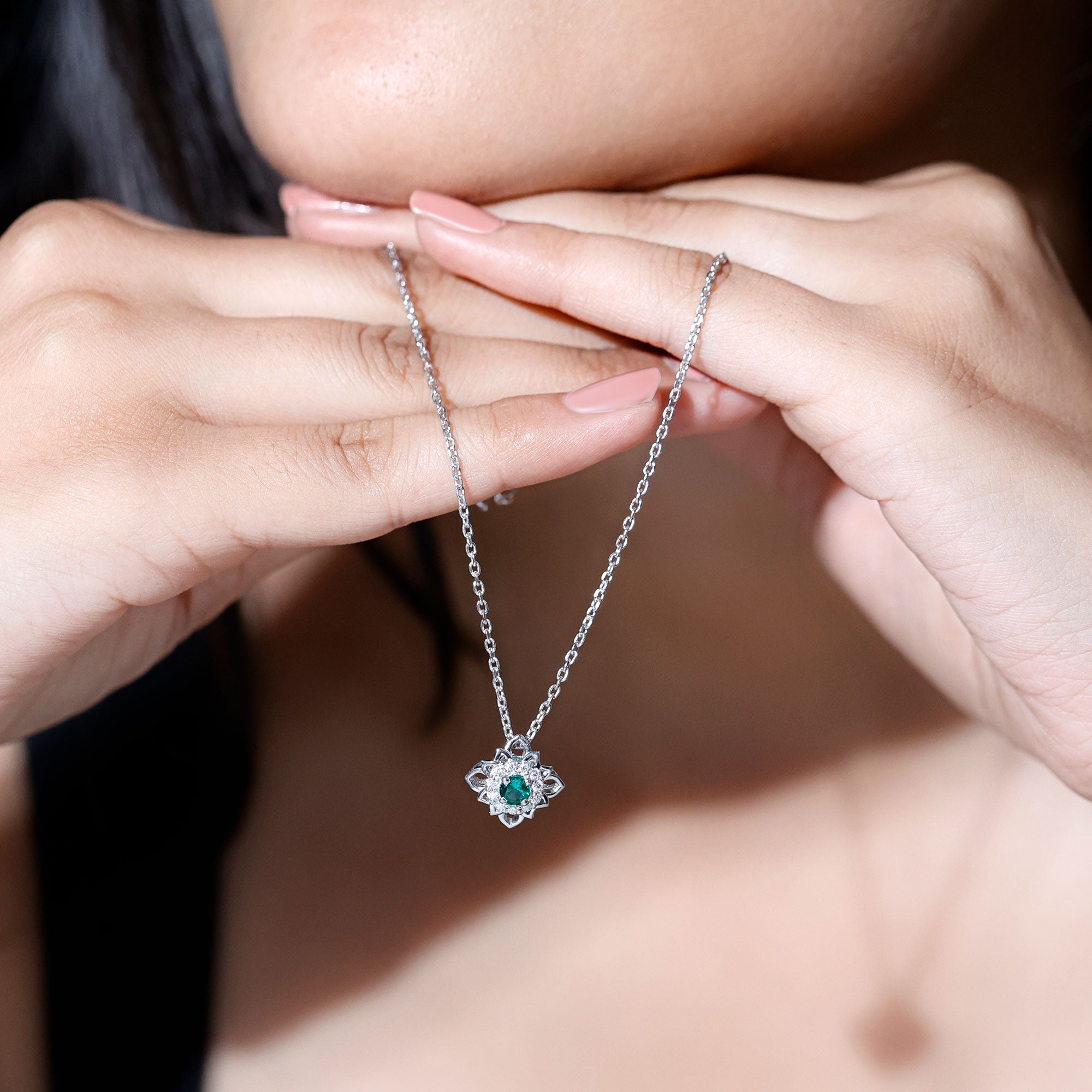 Sterling Silver Emerald Flower Necklace with Chain