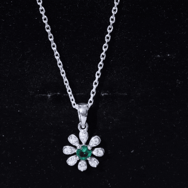 Lab Grown Emerald Flower Pendant Necklace with Silver Chain