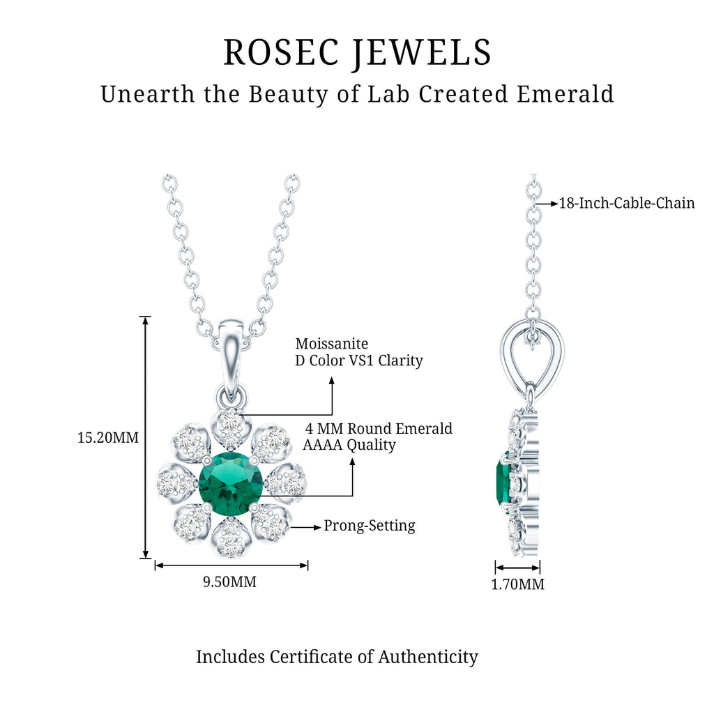 Lab Grown Emerald Flower Pendant Necklace with Silver Chain