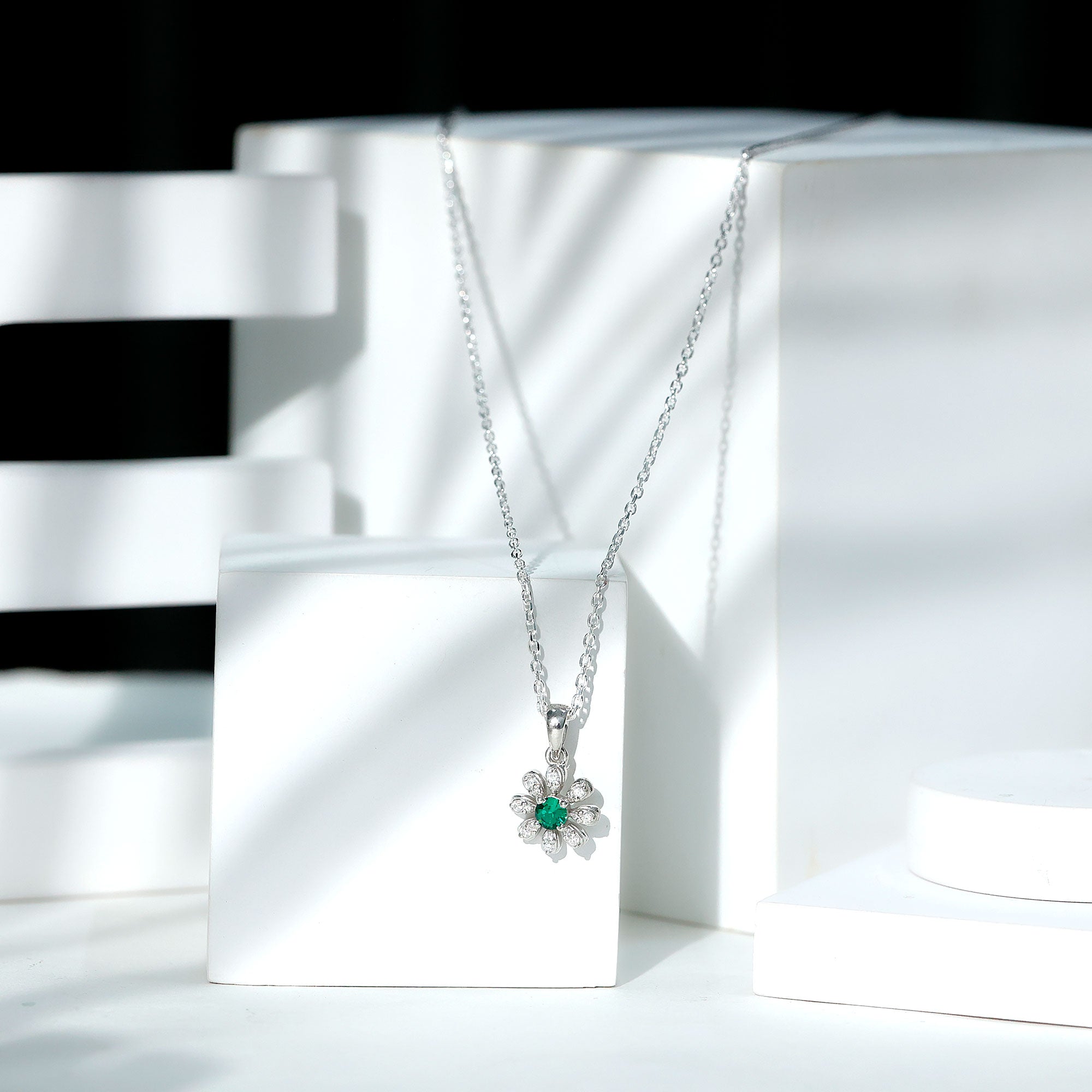 Lab Grown Emerald Flower Pendant Necklace with Silver Chain