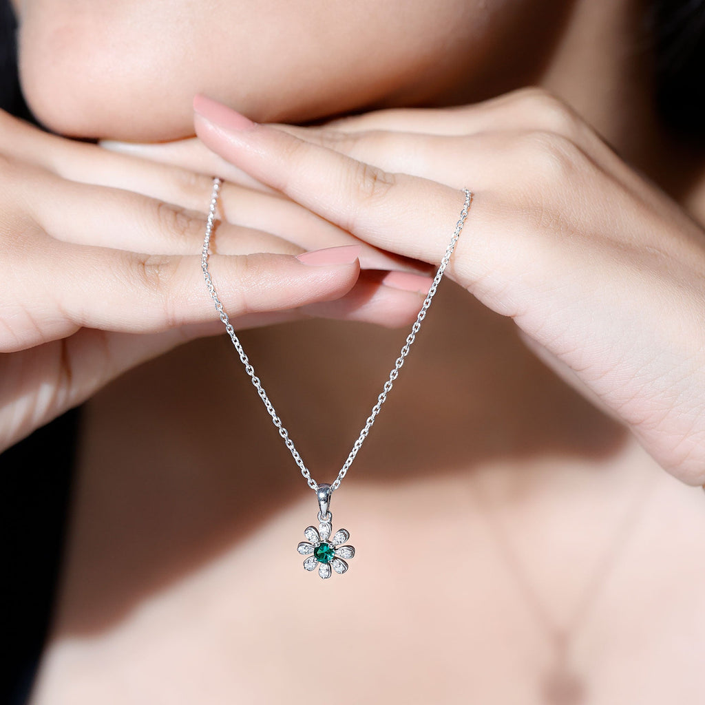 Lab Grown Emerald Flower Pendant Necklace with Silver Chain