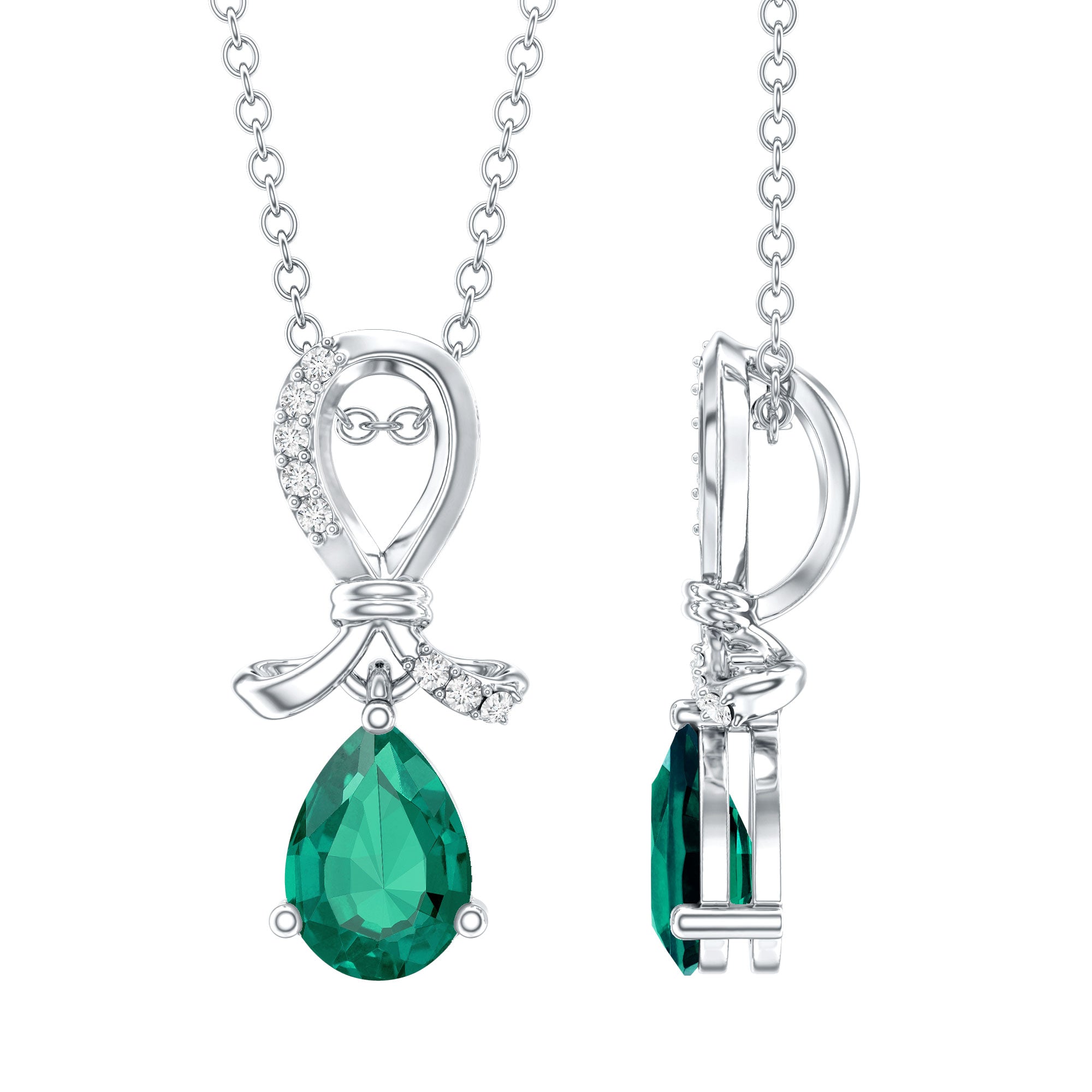 Certified Pear Shape Lab Grown Emerald Designer Necklace with Silver Chain