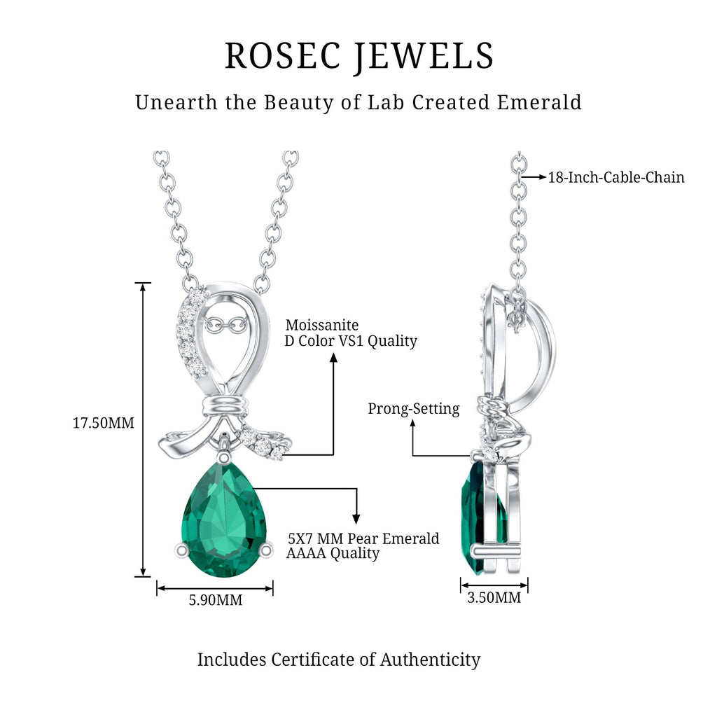 Certified Pear Shape Lab Grown Emerald Designer Necklace with Silver Chain