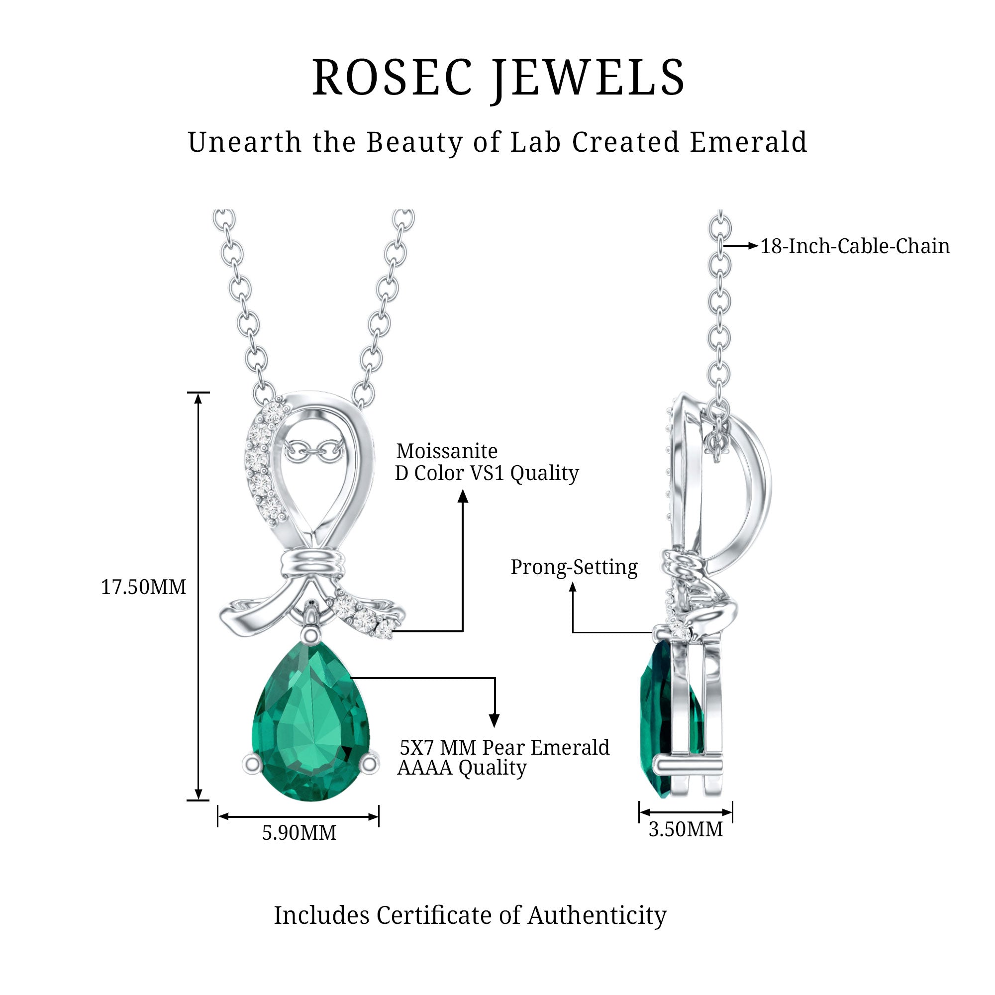 Certified Pear Shape Lab Grown Emerald Designer Necklace with Silver Chain