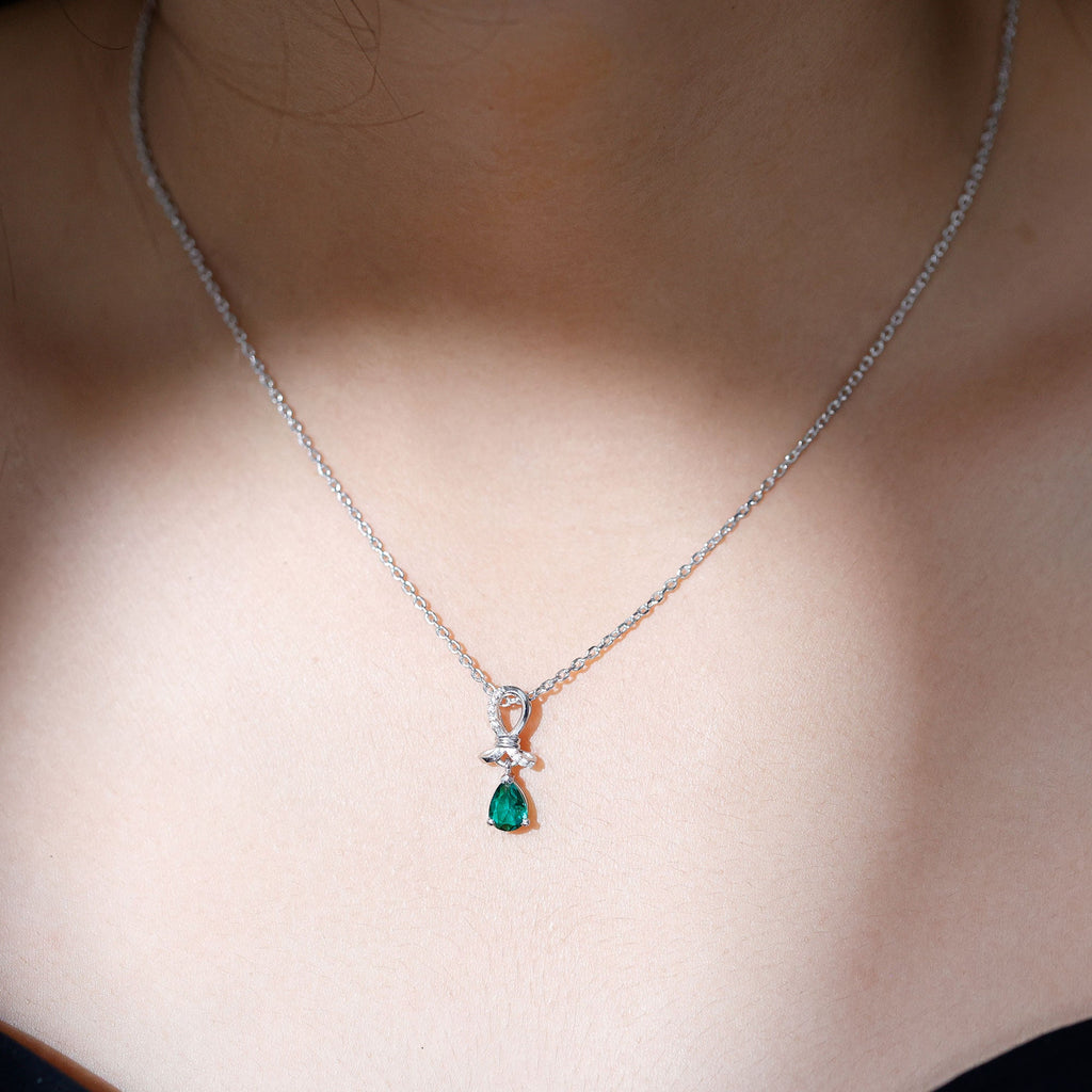 Certified Pear Shape Lab Grown Emerald Designer Necklace with Silver Chain