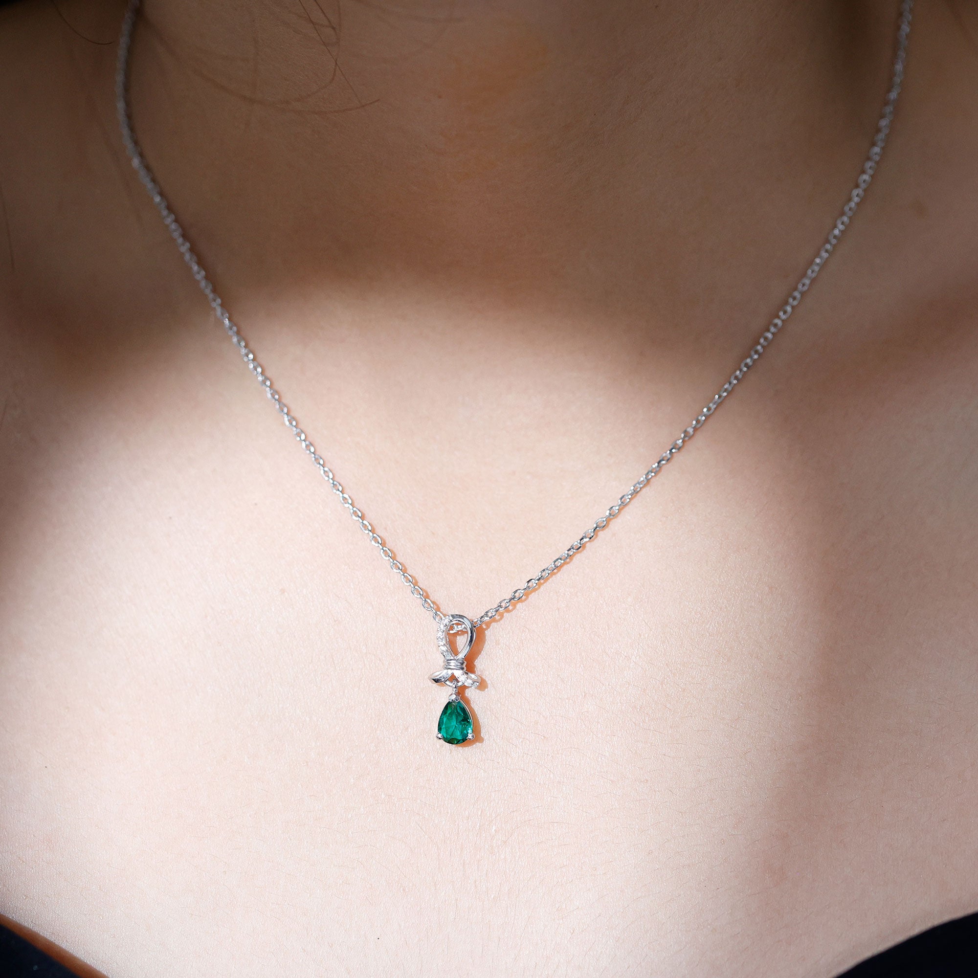 Certified Pear Shape Lab Grown Emerald Designer Necklace with Silver Chain