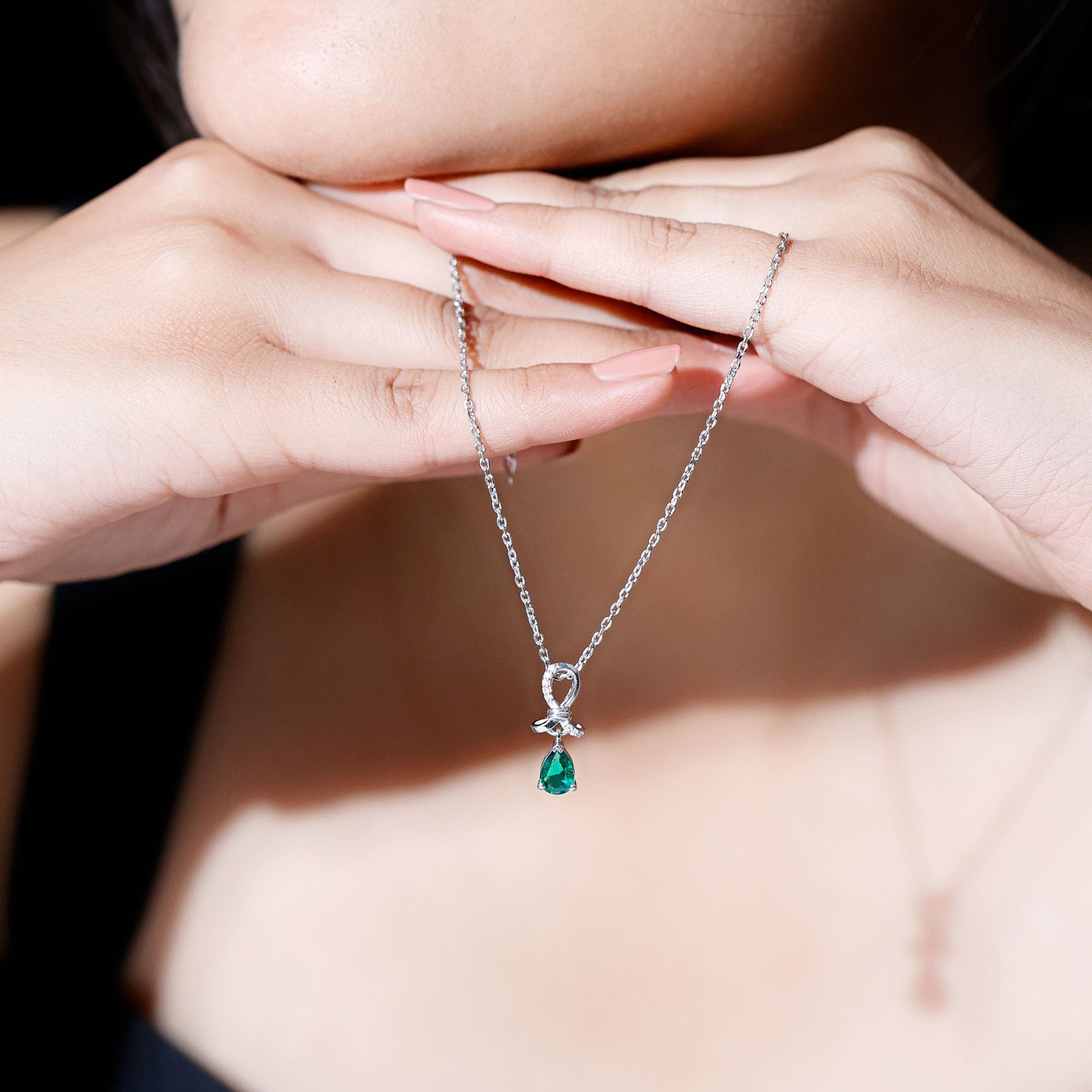 Certified Pear Shape Lab Grown Emerald Designer Necklace with Silver Chain