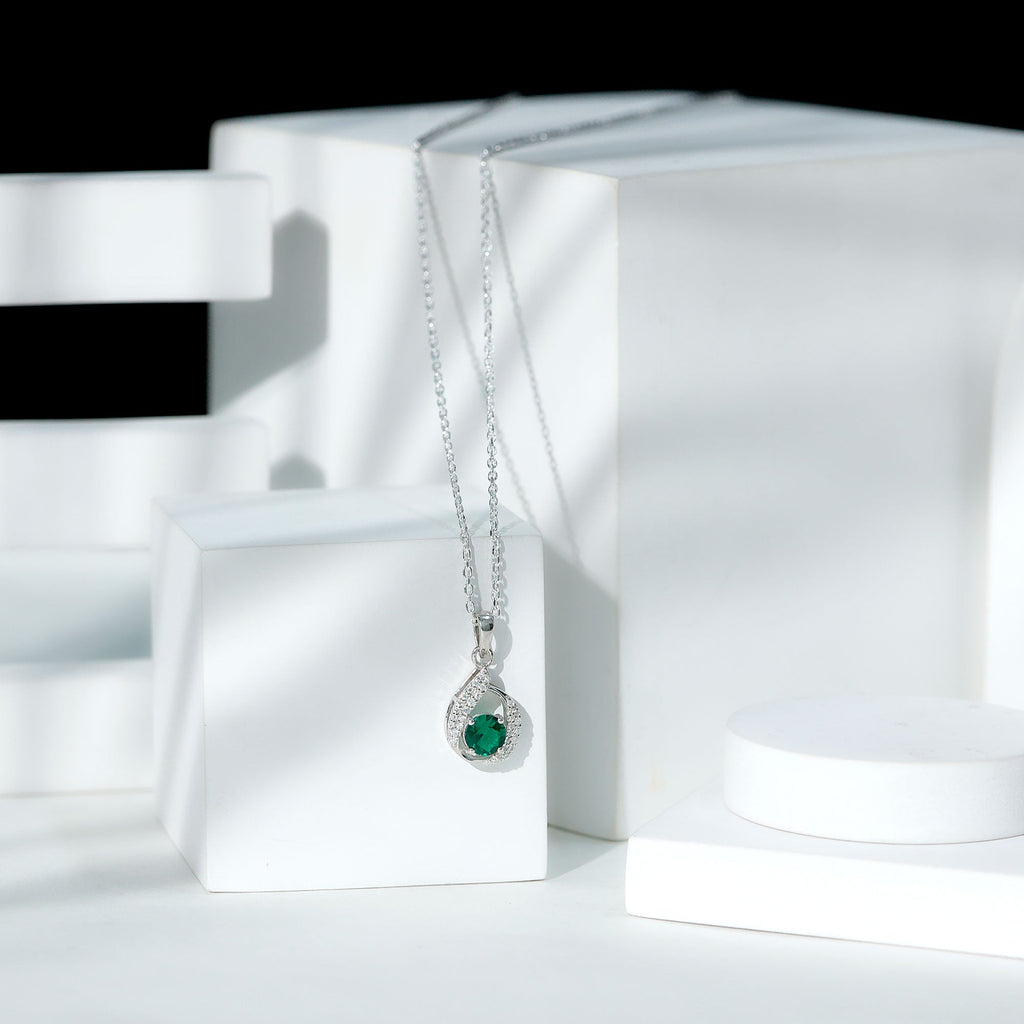 Certified 0.8 Carat Lab Grown Emerald Drop Necklace with Silver Chain