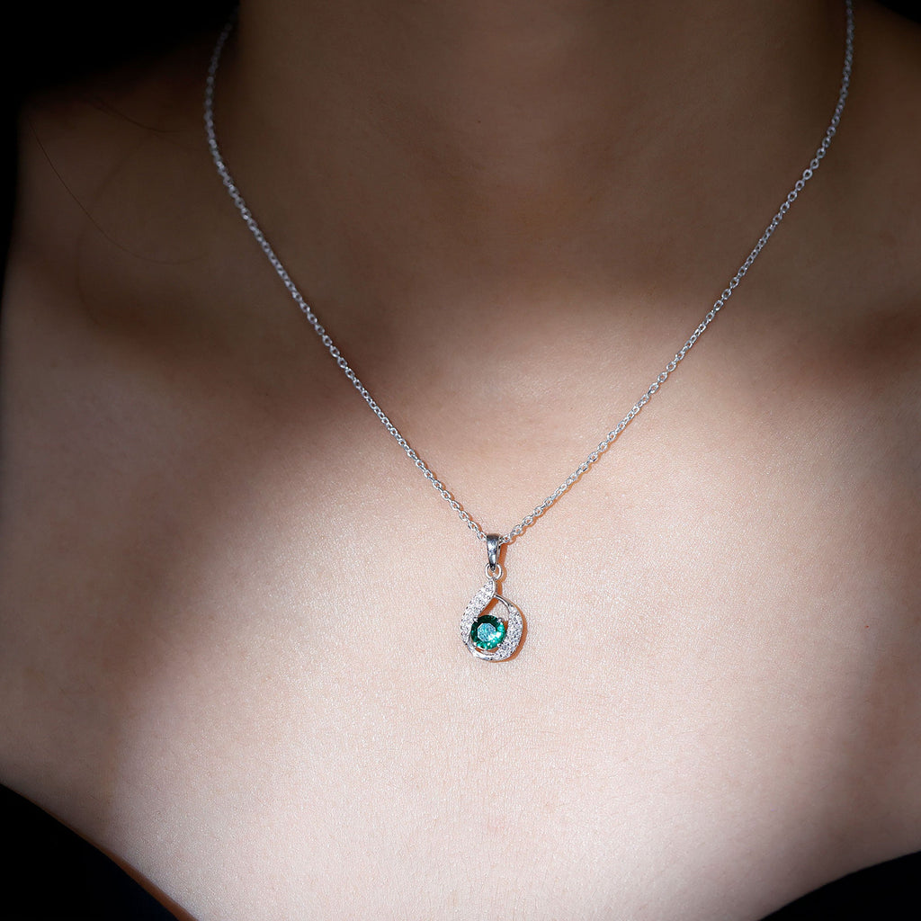 Certified 0.8 Carat Lab Grown Emerald Drop Necklace with Silver Chain