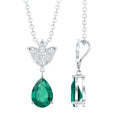 Sterling Silver 0.7 Carat Lab Grown Emerald Teardrop Necklace with Moissanite Lotus Flower