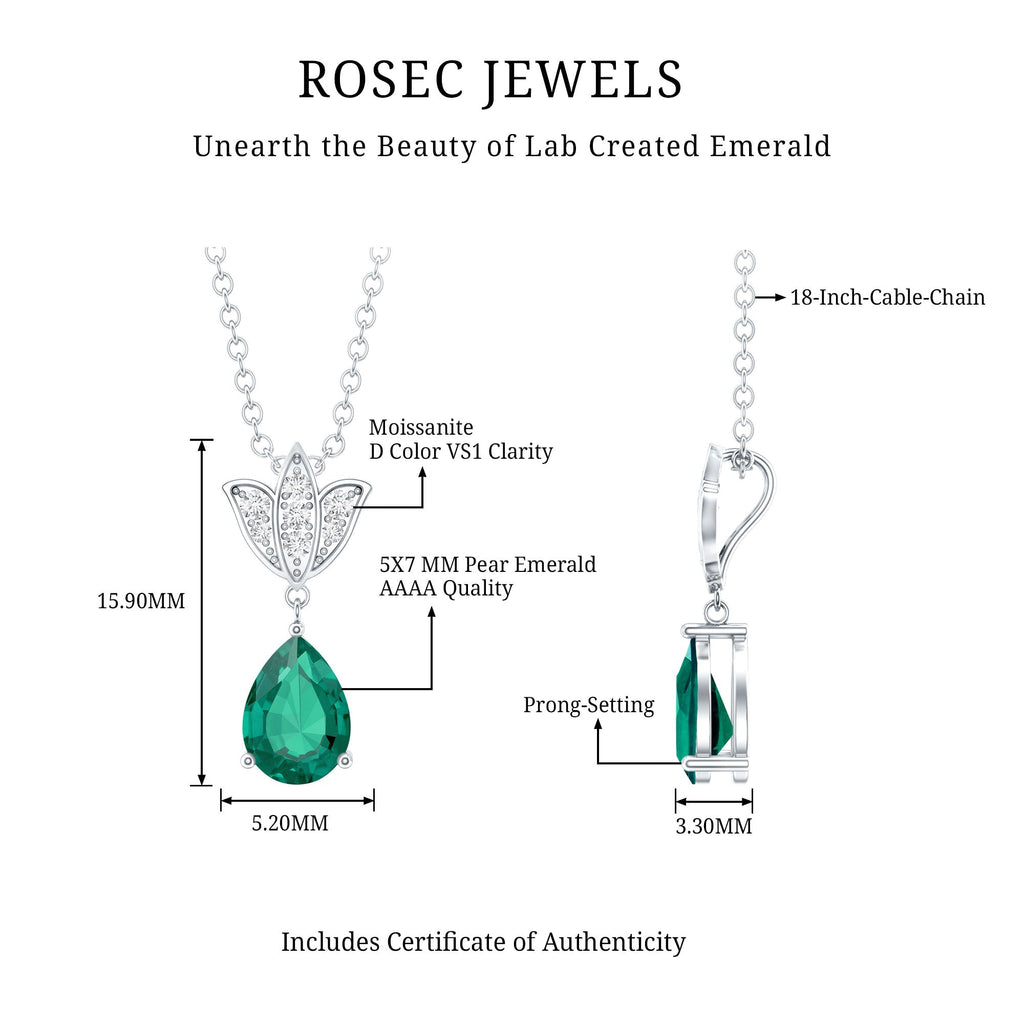 Sterling Silver 0.7 Carat Lab Grown Emerald Teardrop Necklace with Moissanite Lotus Flower