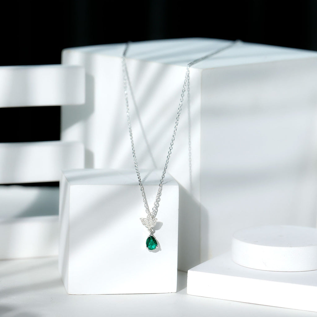 Sterling Silver 0.7 Carat Lab Grown Emerald Teardrop Necklace with Moissanite Lotus Flower