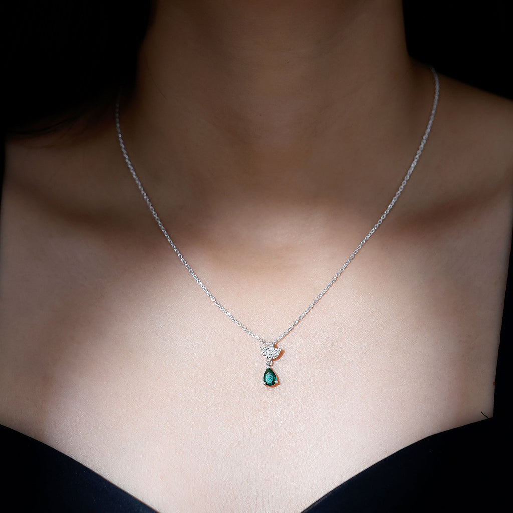 Sterling Silver 0.7 Carat Lab Grown Emerald Teardrop Necklace with Moissanite Lotus Flower