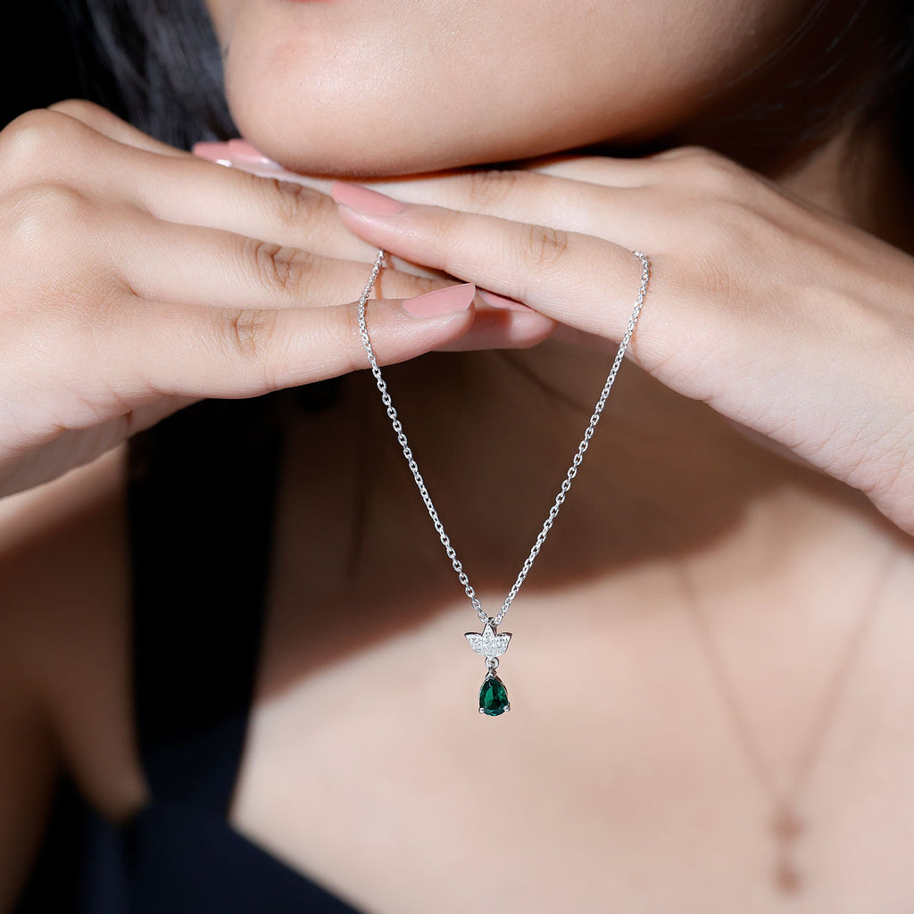 Sterling Silver 0.7 Carat Lab Grown Emerald Teardrop Necklace with Moissanite Lotus Flower