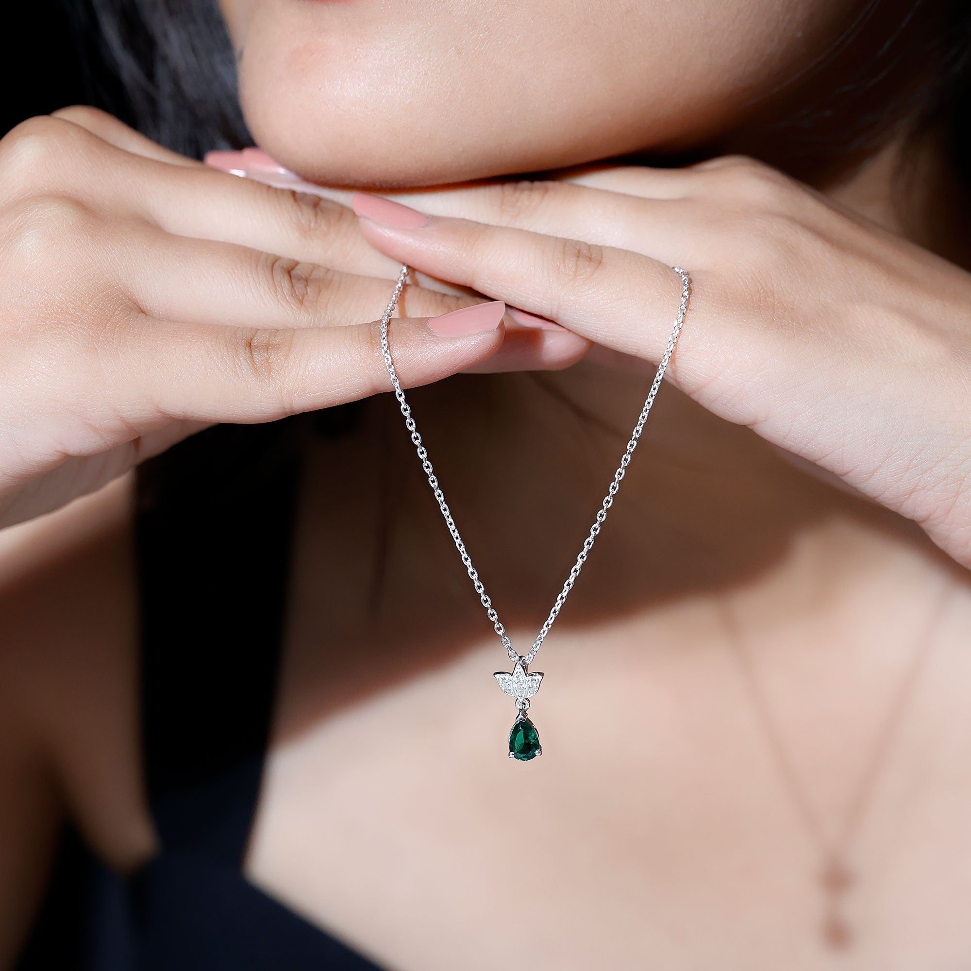 Sterling Silver 0.7 Carat Lab Grown Emerald Teardrop Necklace with Moissanite Lotus Flower