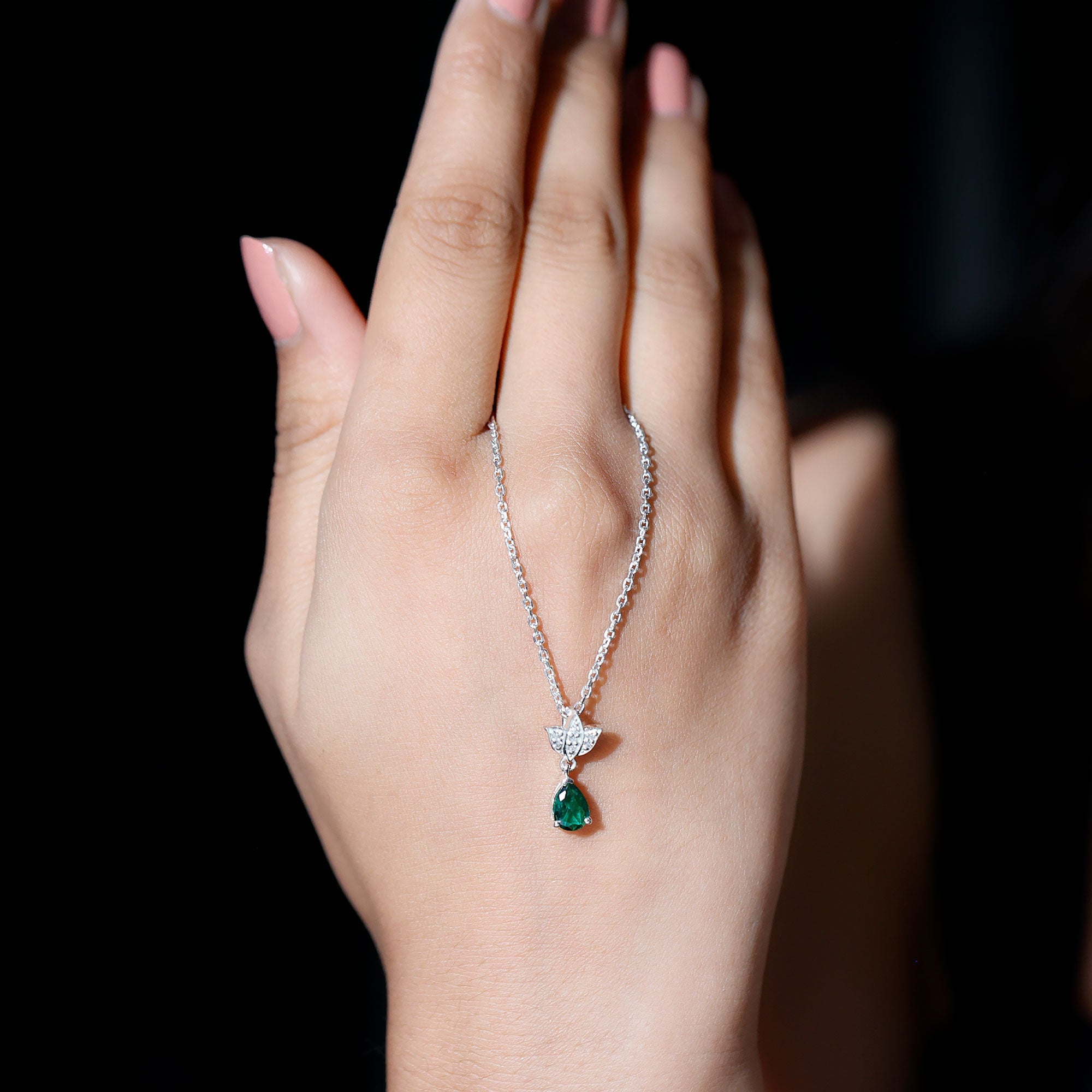 Sterling Silver 0.7 Carat Lab Grown Emerald Teardrop Necklace with Moissanite Lotus Flower