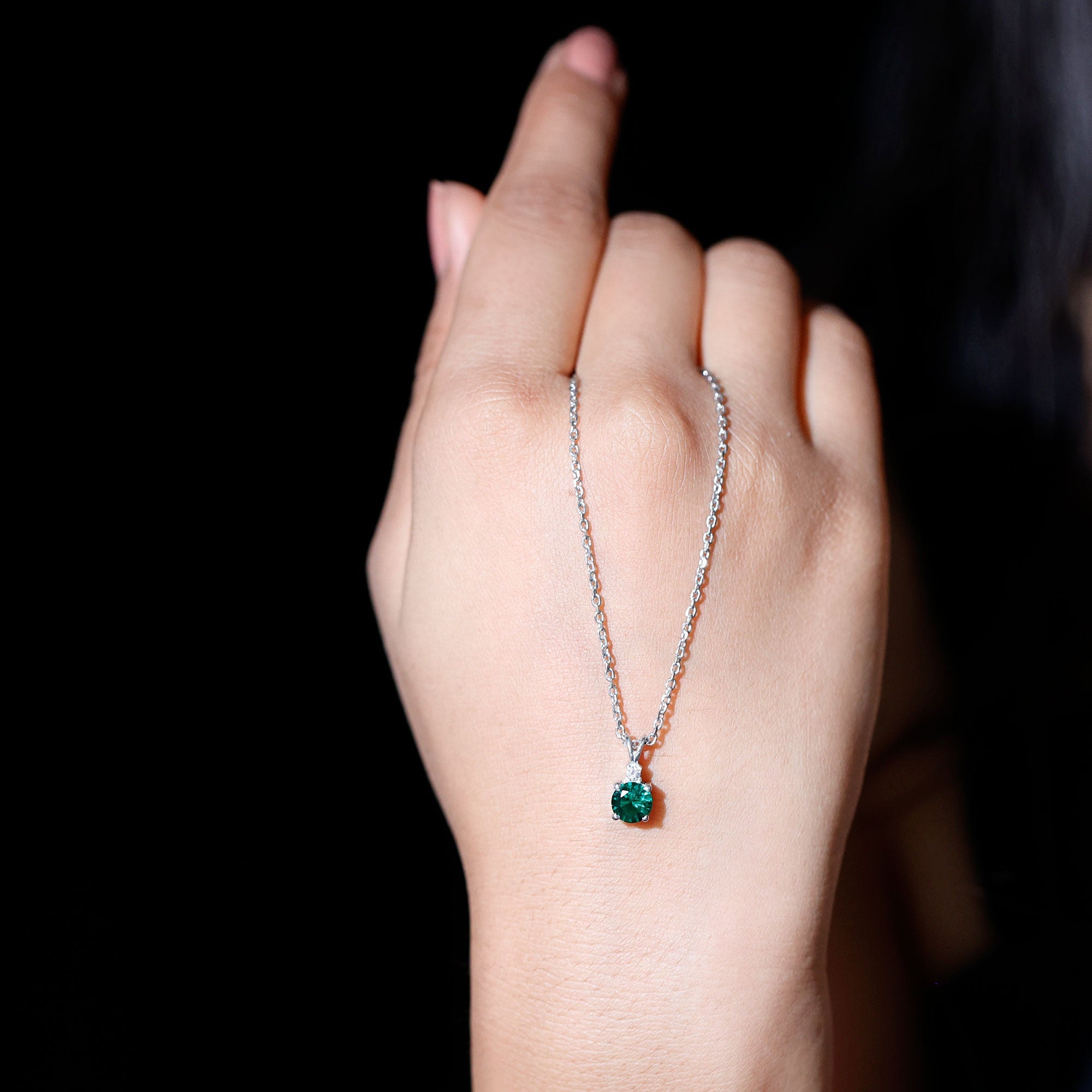 AAAA Quality Lab Grown Emerald Solitaire Necklace With Silver Chain