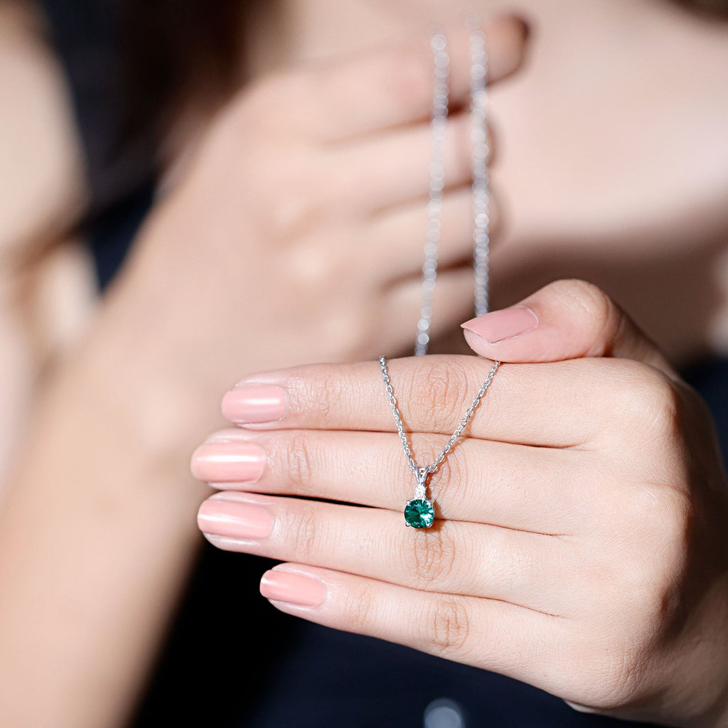 AAAA Quality Lab Grown Emerald Solitaire Necklace With Silver Chain