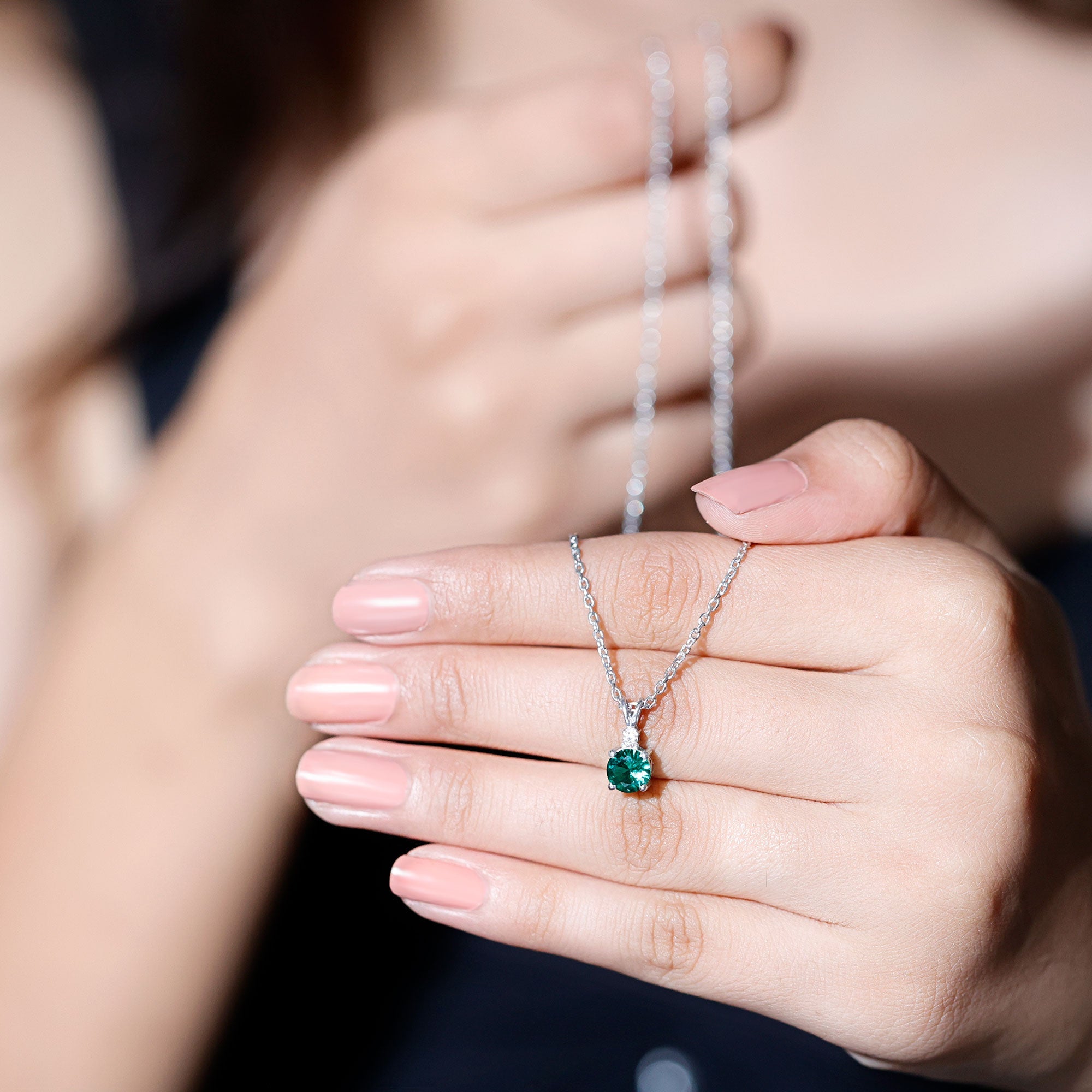 AAAA Quality Lab Grown Emerald Solitaire Necklace With Silver Chain