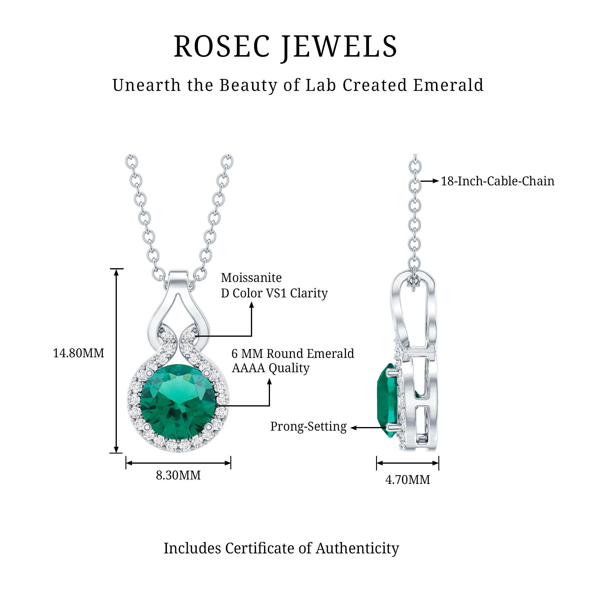 Certified 0.8 Carat Lab Grown Emerald Pendant Necklace with Moissanite Halo