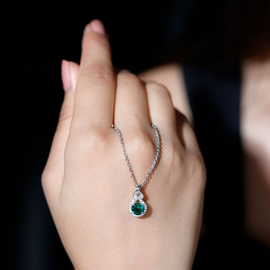 Certified 0.8 Carat Lab Grown Emerald Pendant Necklace with Moissanite Halo