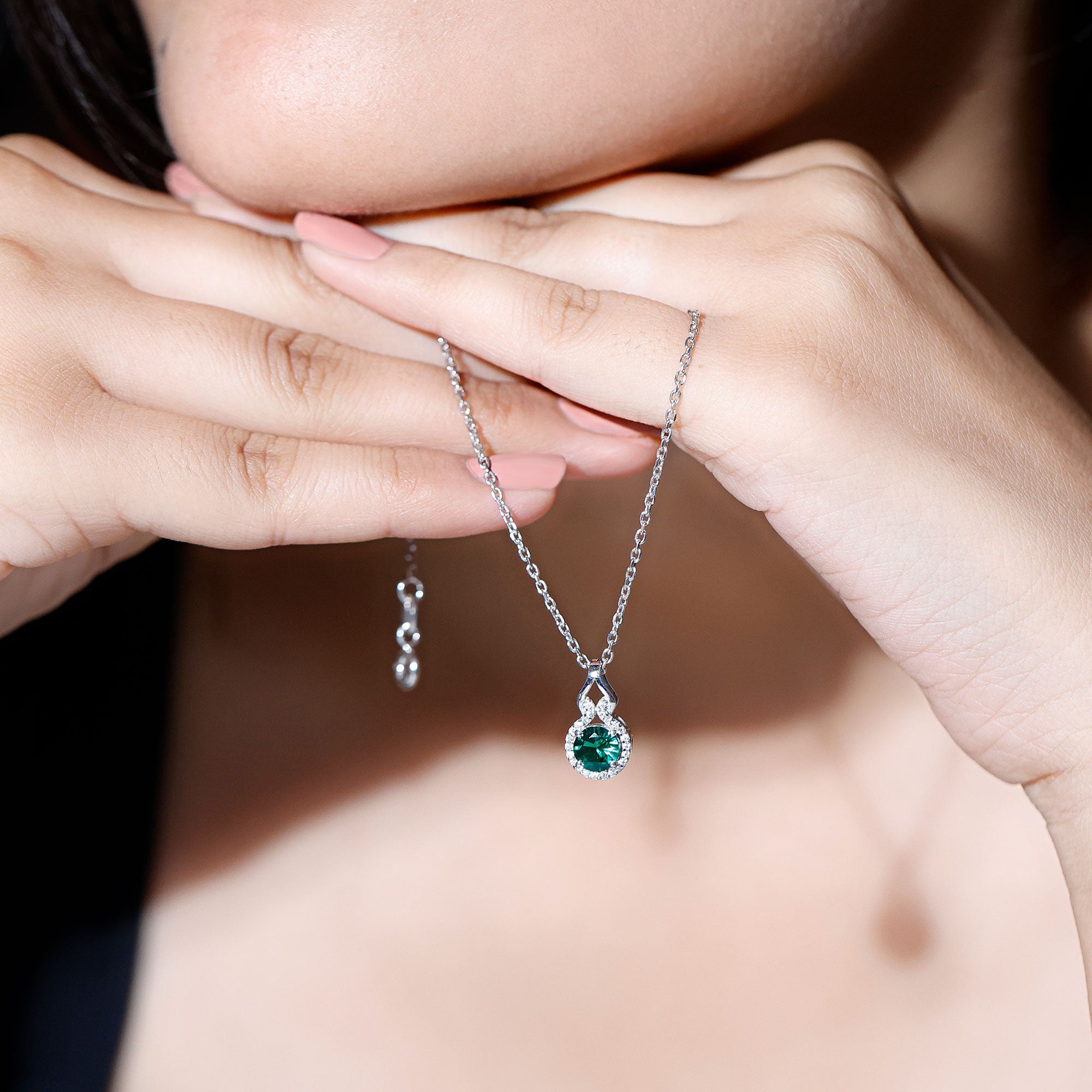 Certified 0.8 Carat Lab Grown Emerald Pendant Necklace with Moissanite Halo