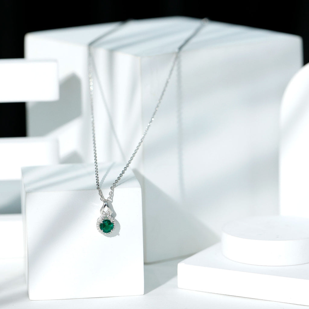 Certified 0.8 Carat Lab Grown Emerald Pendant Necklace with Moissanite Halo