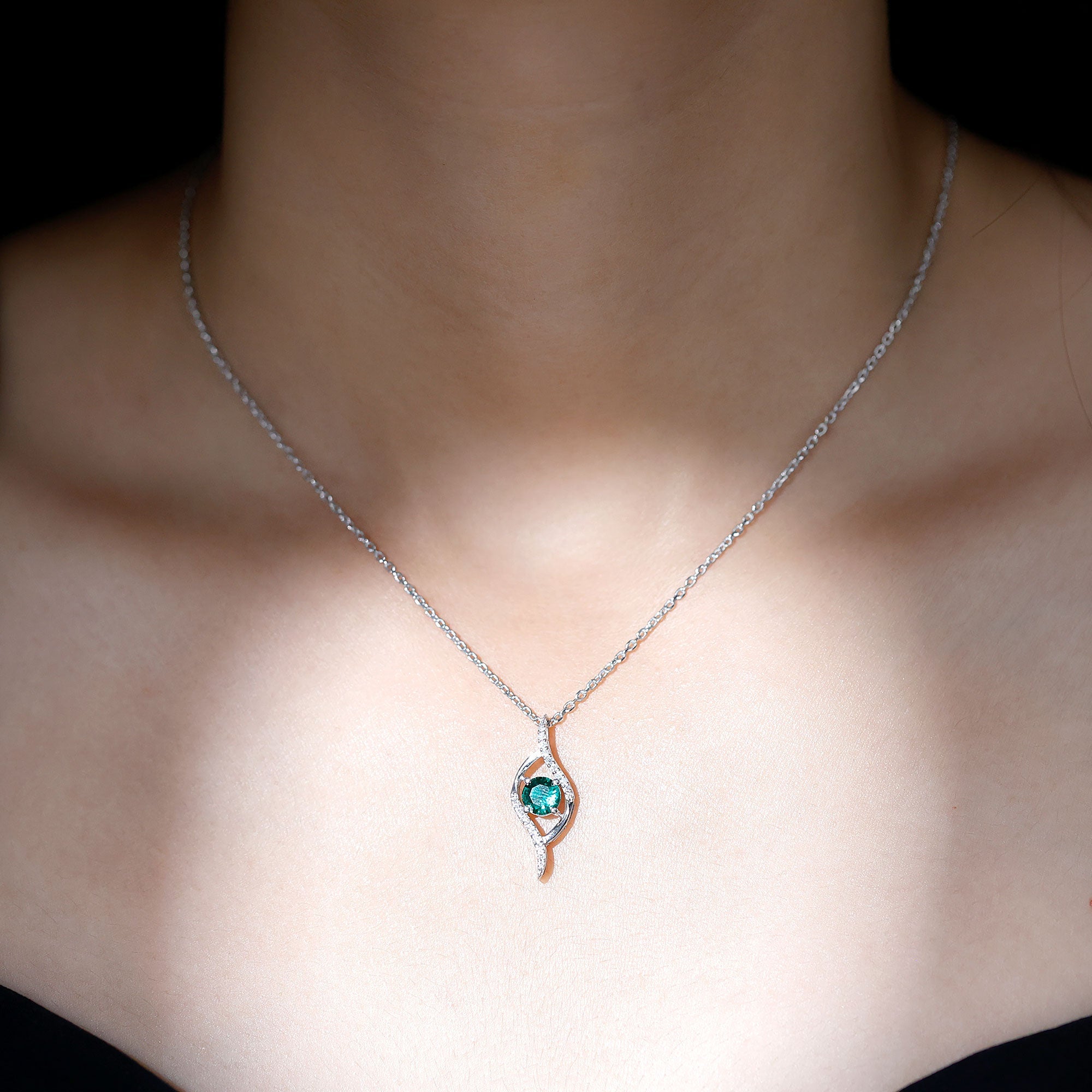 Certified 0.8 Carat Lab Grown Emerald Leaf Necklace with Silver Chain