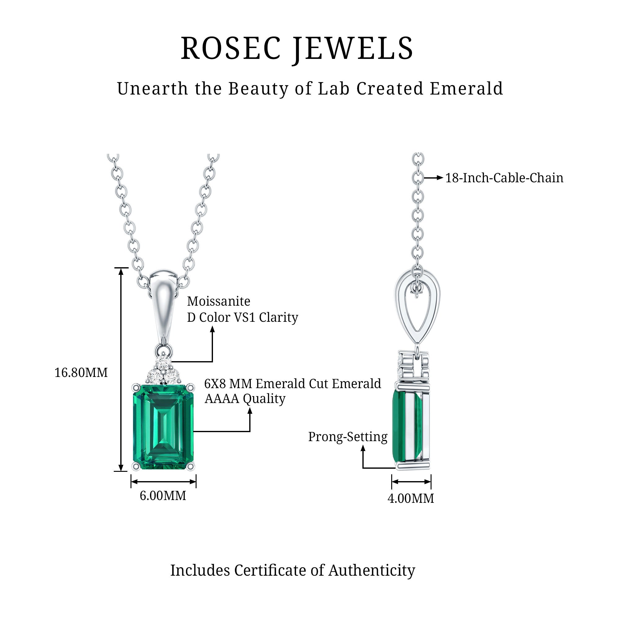1.68 Carat Emerald Cut Lab Grown Emerald Solitaire Necklace With Silver Chain