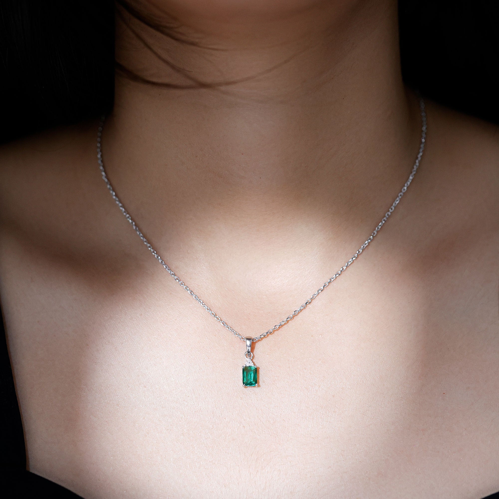1.68 Carat Emerald Cut Lab Grown Emerald Solitaire Necklace With Silver Chain