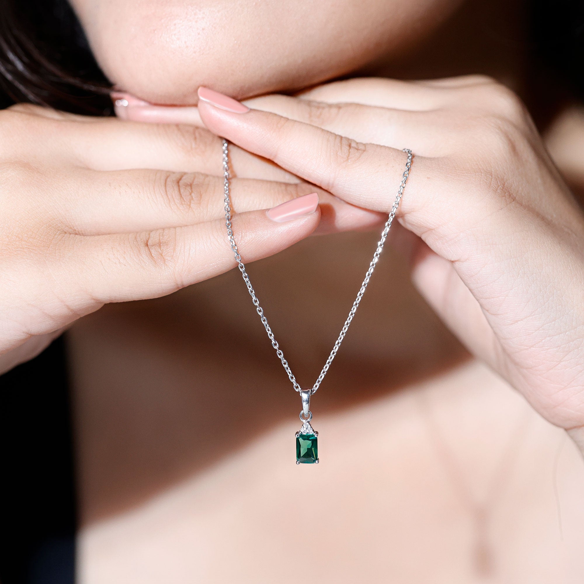 1.68 Carat Emerald Cut Lab Grown Emerald Solitaire Necklace With Silver Chain