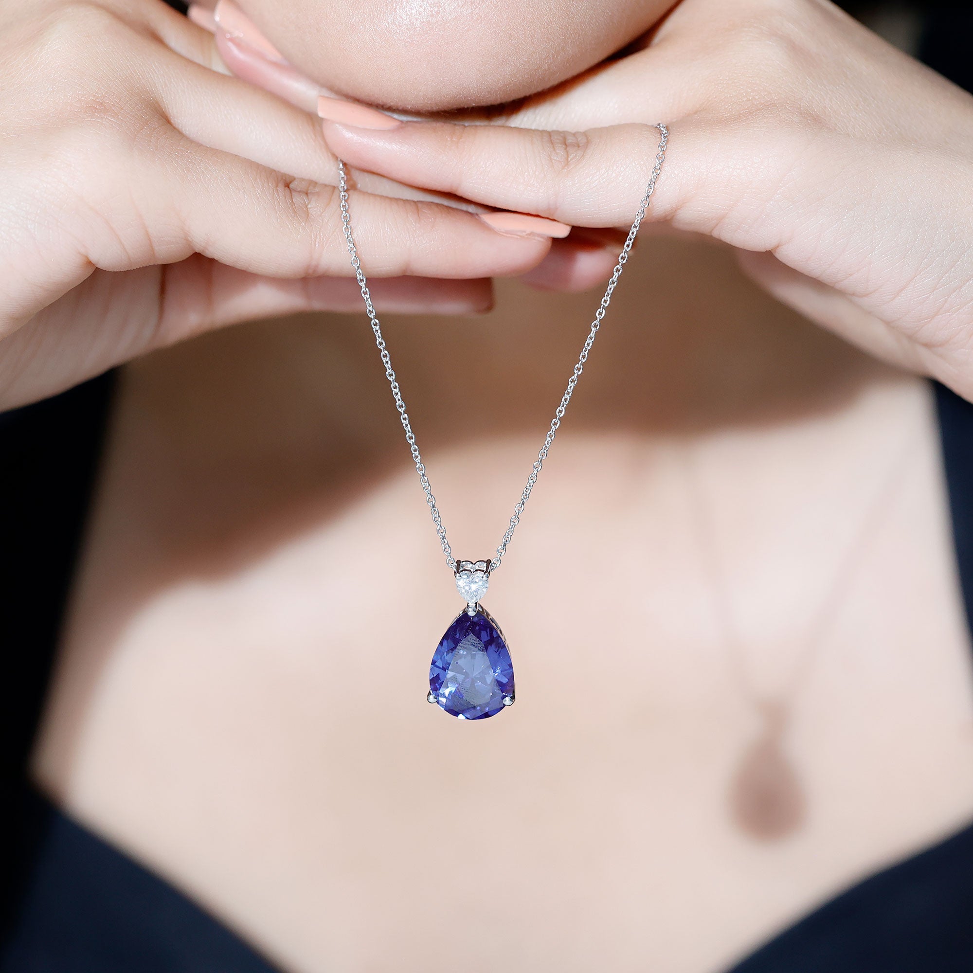 Certified 9 Carat Pear Shape Lab Grown Blue Sapphire Necklace With Silver Chain