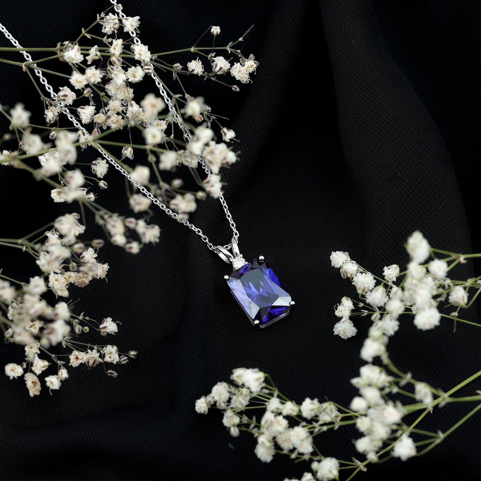 9 Carat Emerald Cut Lab Grown Blue Sapphire Solitaire Necklace With Silver Chain
