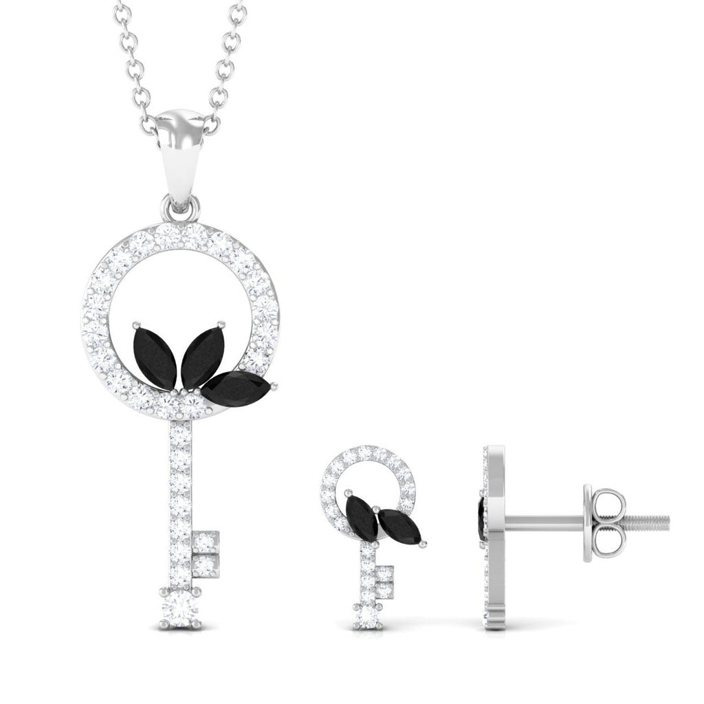 Natural Black Onyx Key Pendant and Earrings Set with Diamond
