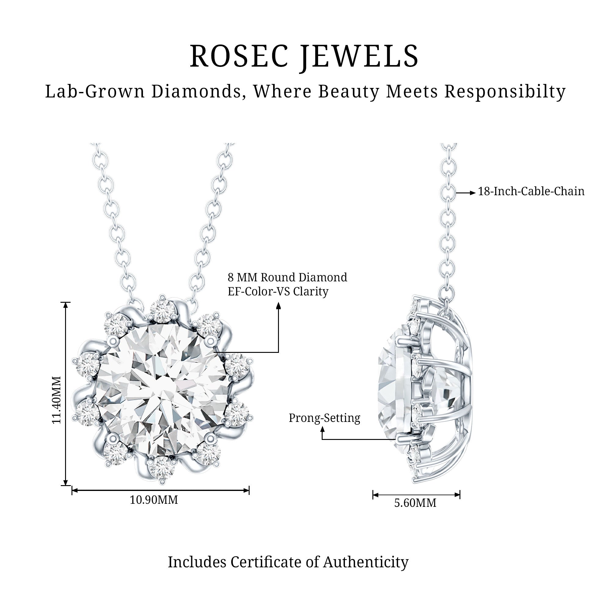 8 MM Round Cut Lab Grown Diamond Starburst Necklace