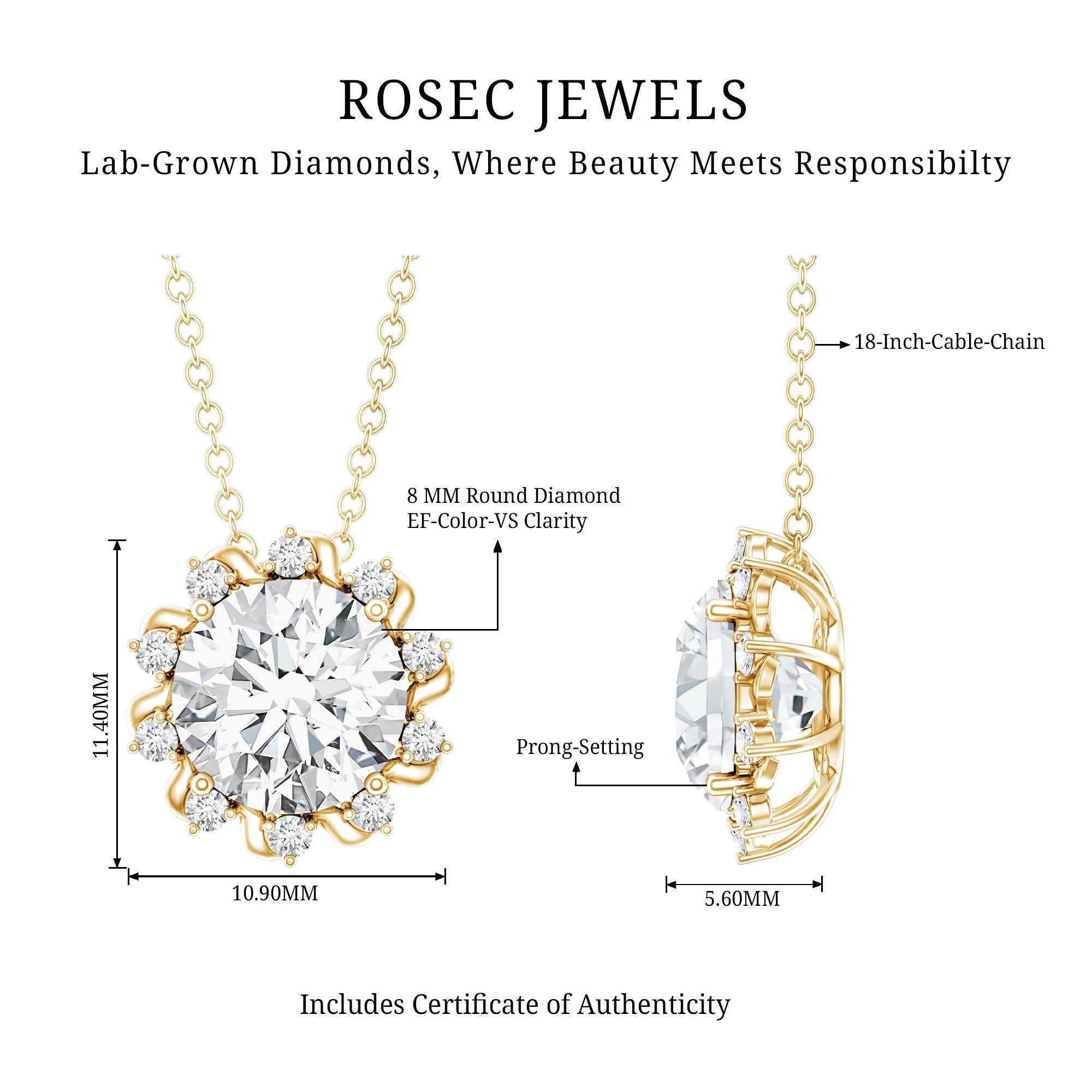 8 MM Round Cut Lab Grown Diamond Starburst Necklace