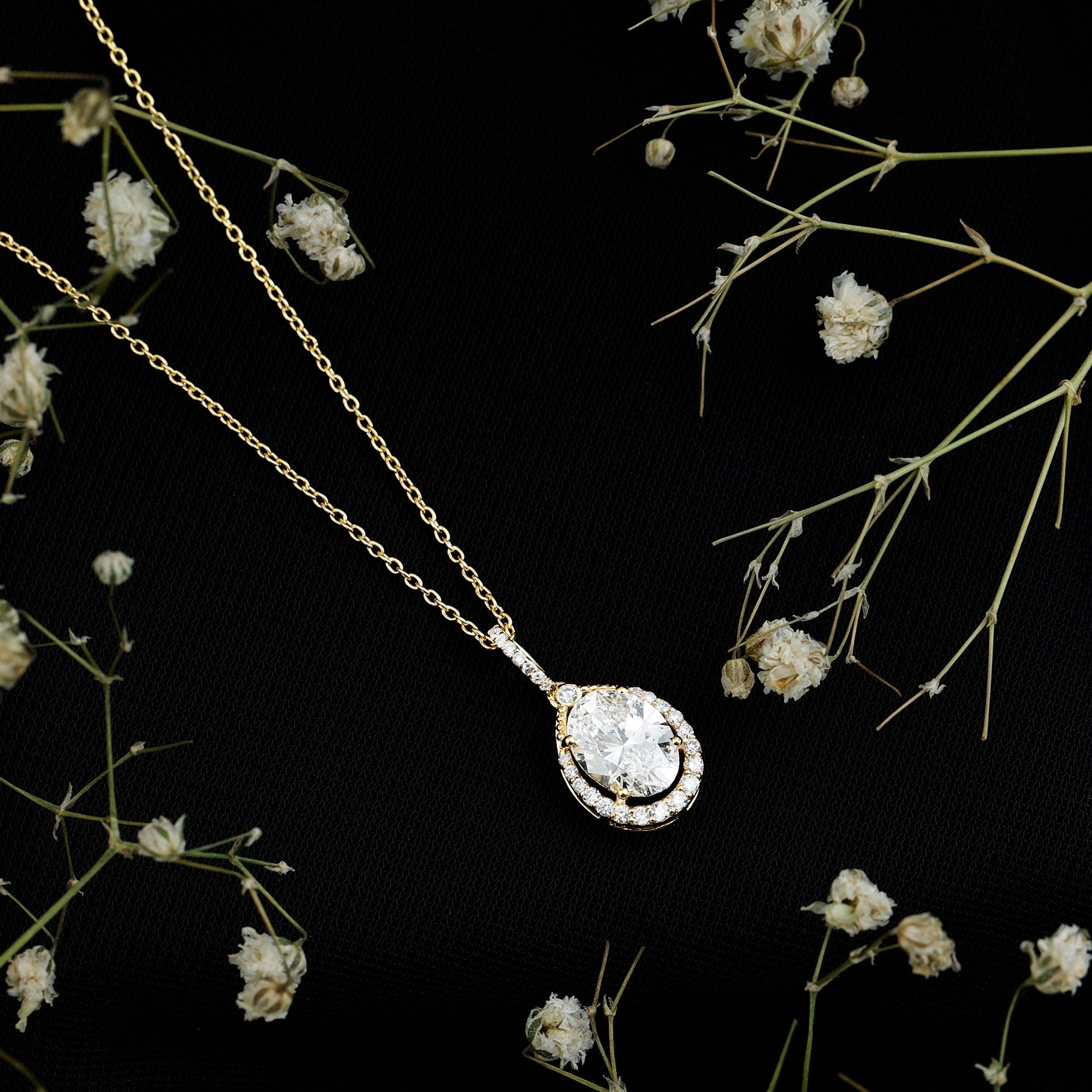 1 Carat Oval Lab Grown Diamond Teardrop Halo Necklace For Women