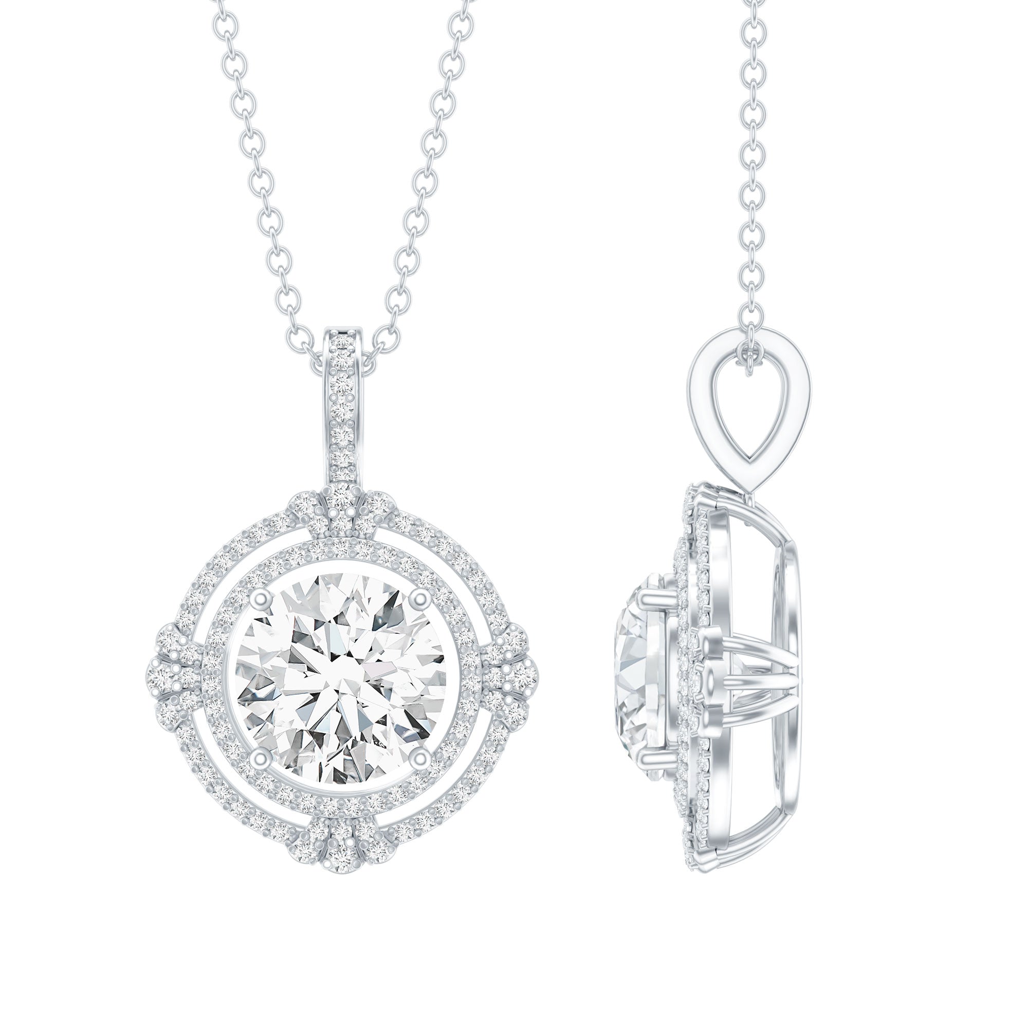 2 Carat Lab Grown Diamond Double Halo Necklace With Decorated Bail