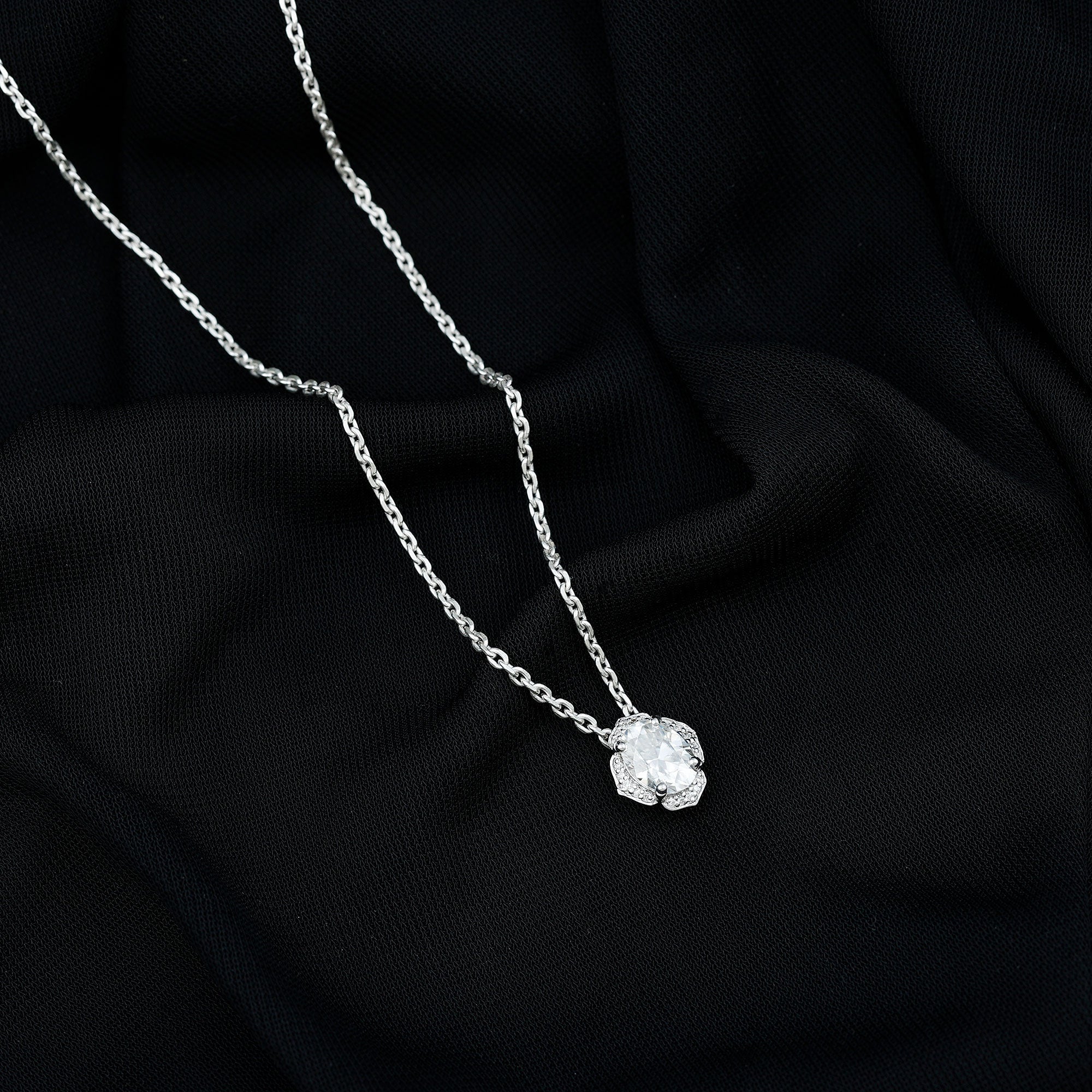 6X8 MM Oval Shape Lab Grown Diamond Vintage Flower Necklace