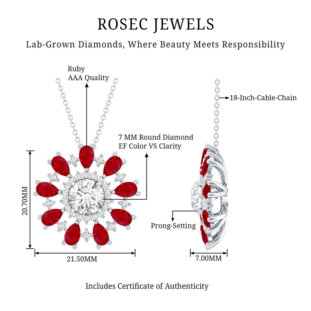 7 MM Lab Grown Diamond Flower Statement Necklace with Ruby