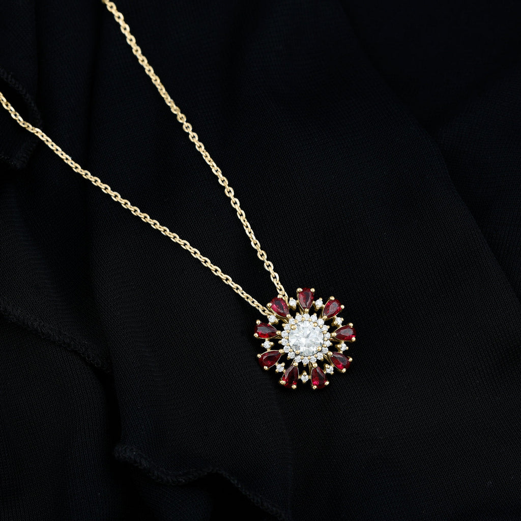 7 MM Lab Grown Diamond Flower Statement Necklace with Ruby
