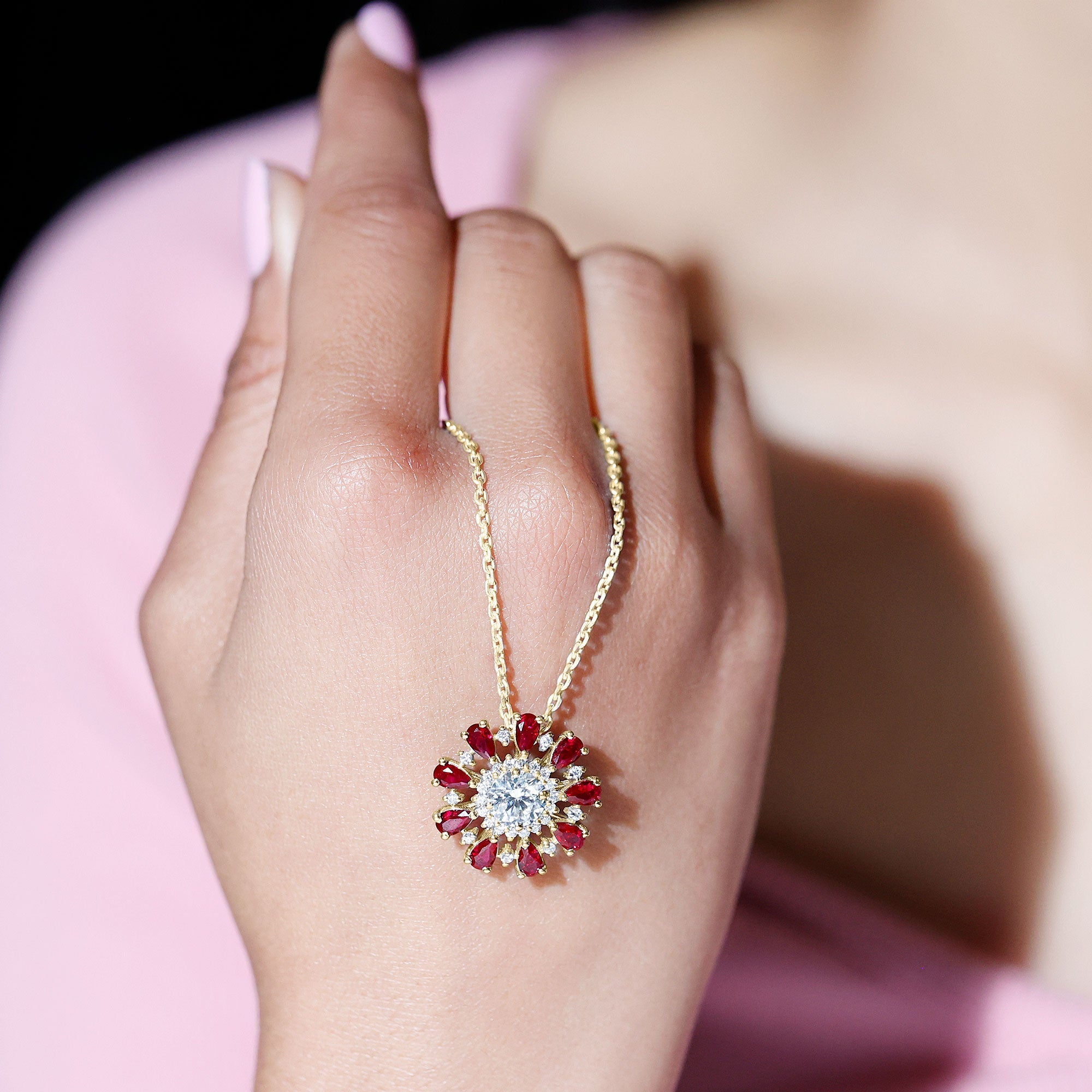 7 MM Lab Grown Diamond Flower Statement Necklace with Ruby