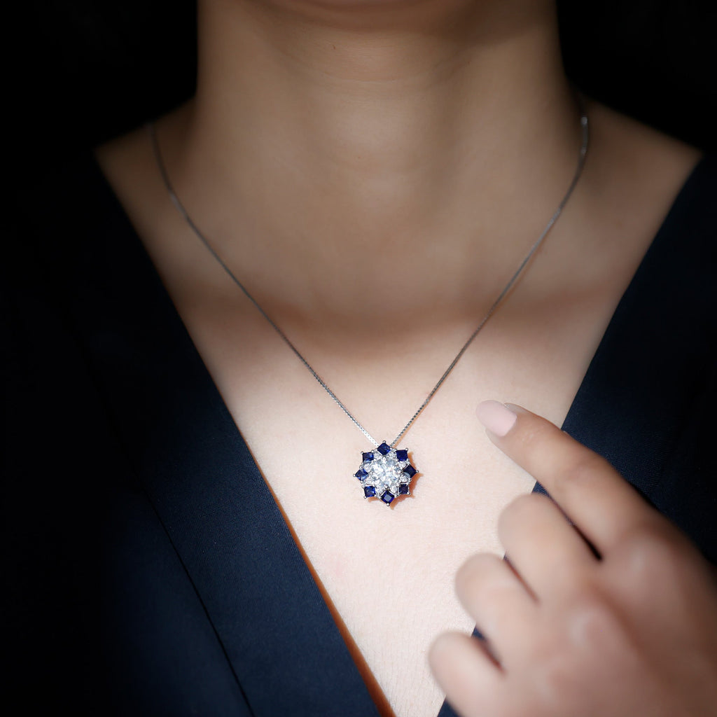 Lab Grown Diamond Art Deco Necklace With Blue Sapphire